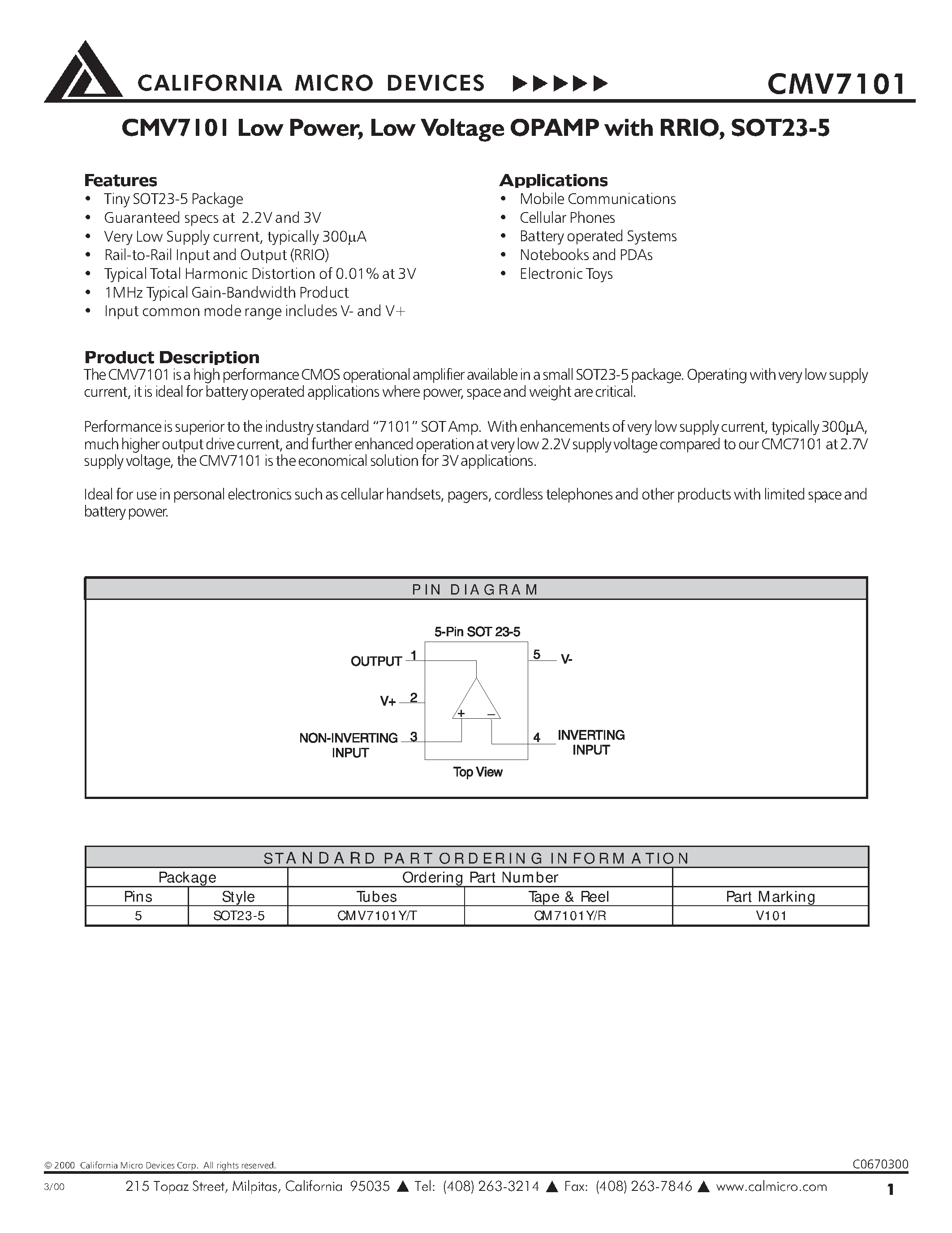 Datasheet CMV7101 - CMV7101 LOW POWER/ LOW VOLTAGE OPAMP WITH RRIO/ SOT23-5 page 1