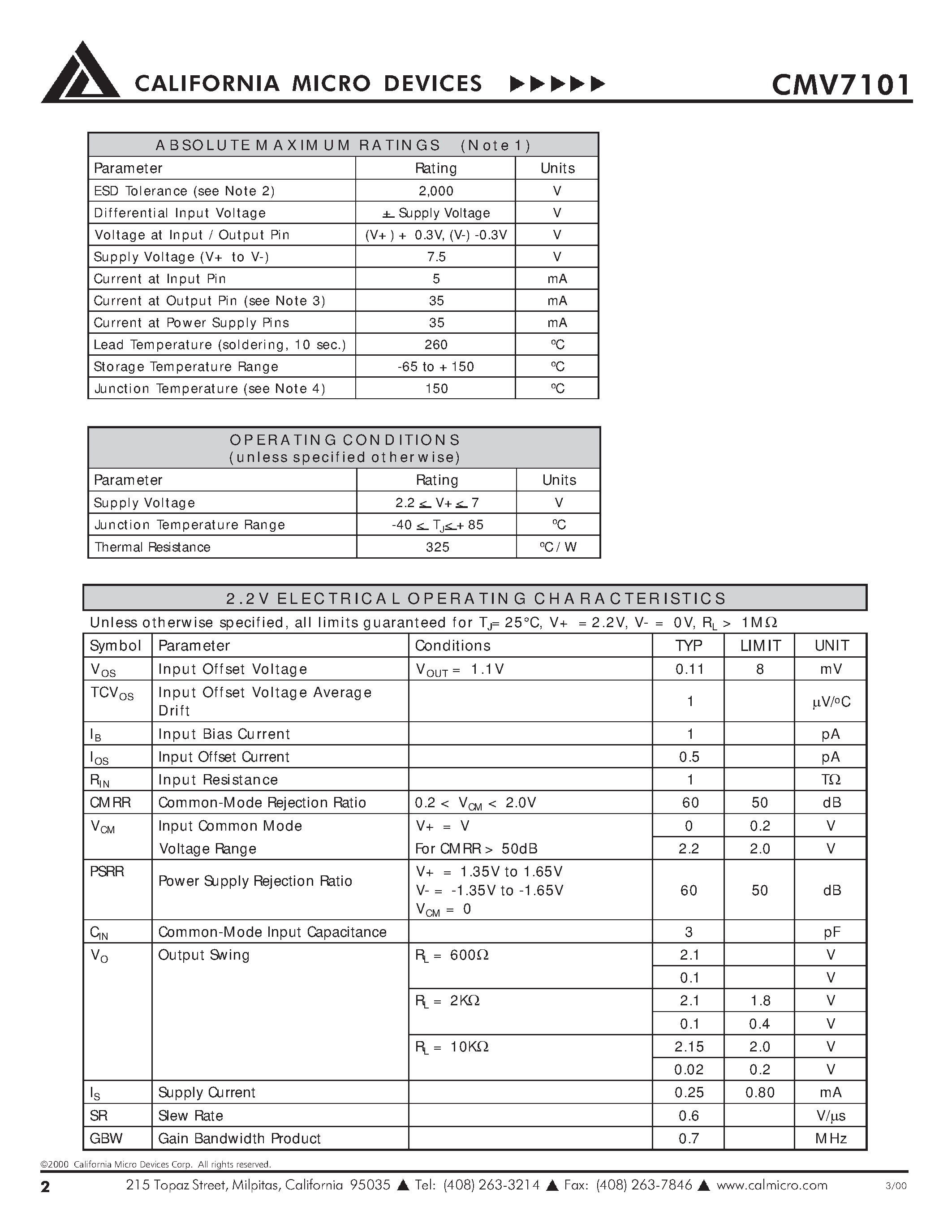 Datasheet CMV7101 - CMV7101 LOW POWER/ LOW VOLTAGE OPAMP WITH RRIO/ SOT23-5 page 2