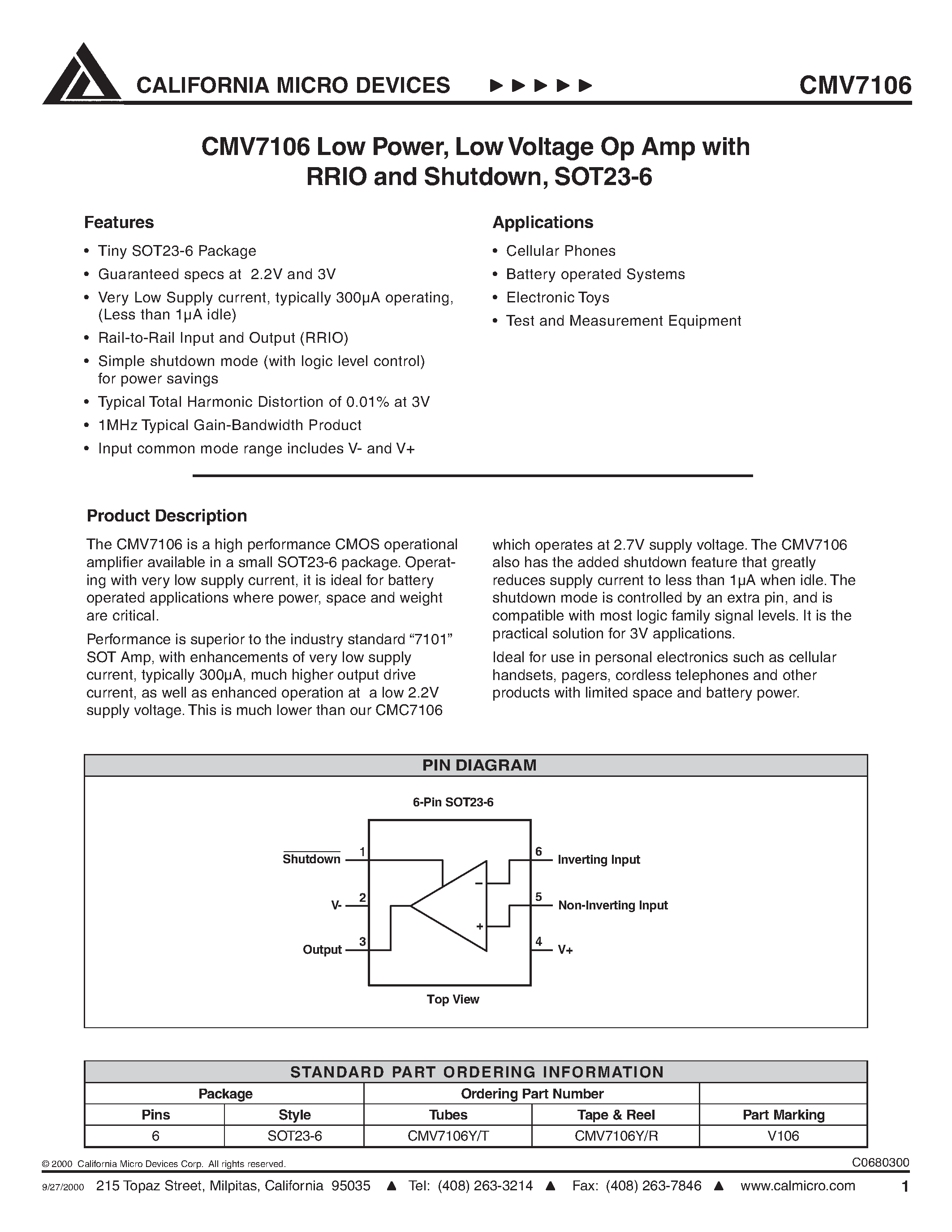 Datasheet CMV7106YT - CMV7106 LOW POWER/ LOW VOLTAGE OP AMP WITH RRIO AND SHUTDOWN/ SOT23-6 page 1