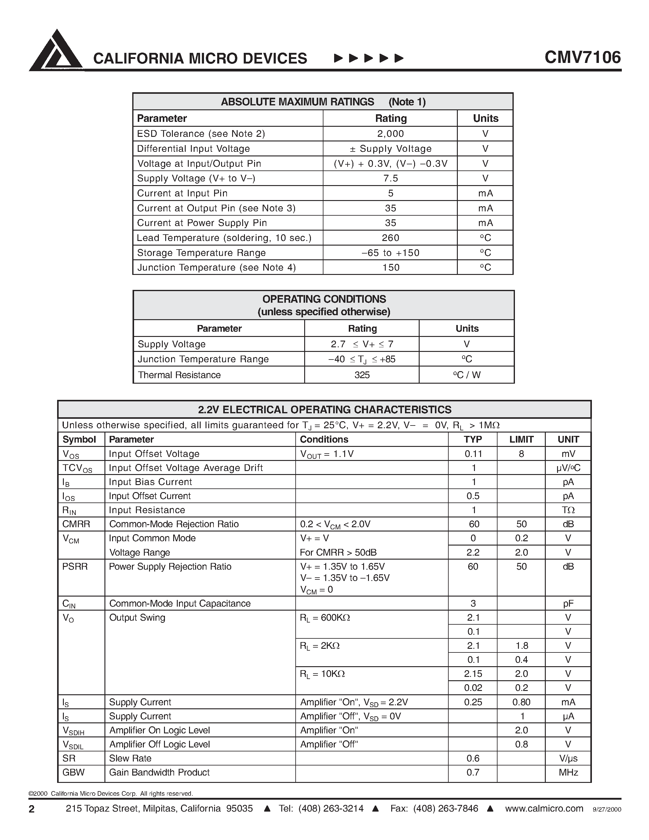 Datasheet CMV7106YT - CMV7106 LOW POWER/ LOW VOLTAGE OP AMP WITH RRIO AND SHUTDOWN/ SOT23-6 page 2