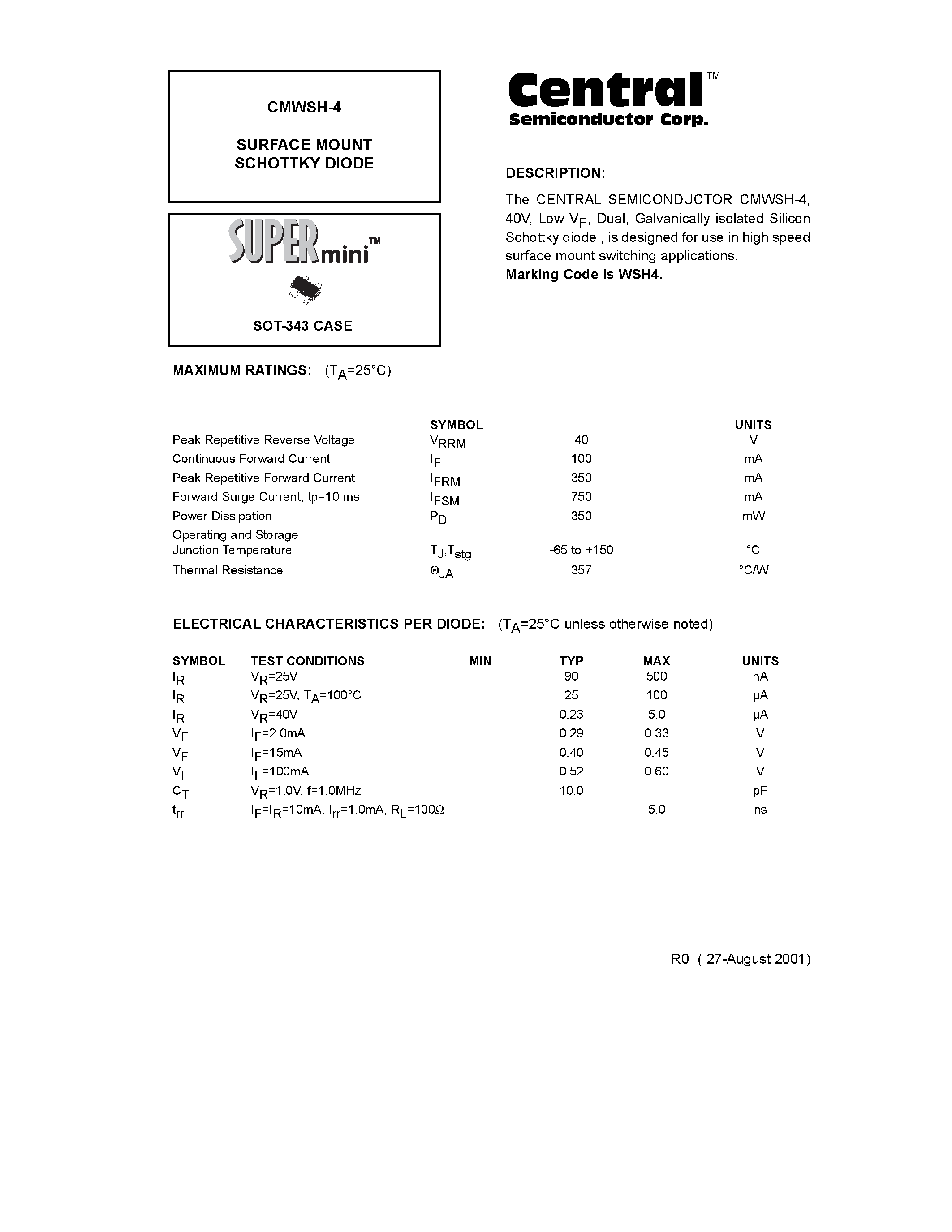 Datasheet CMWSH-4 - SURFACE MOUNT SCHOTTKY DIODE page 1