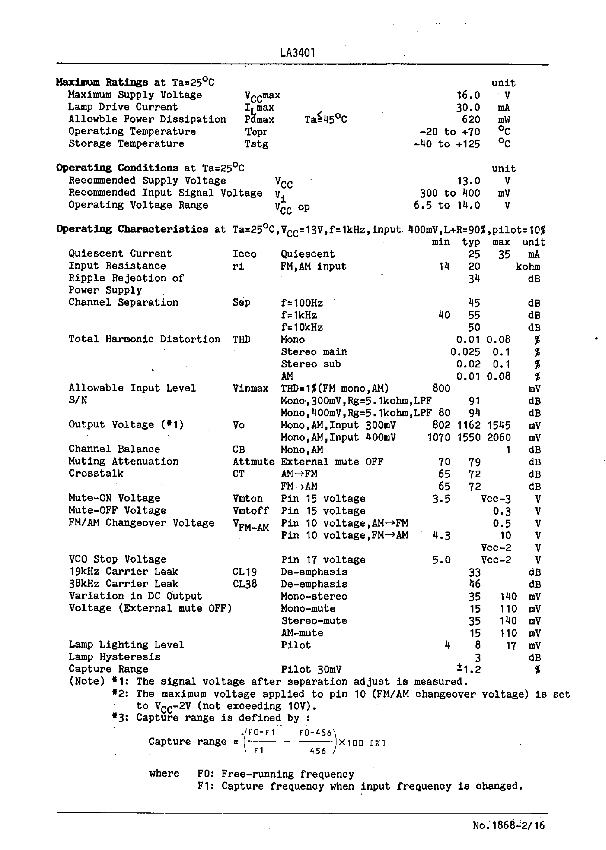 Даташит LA3401 - VCO Non-Adjusting PLL FM MPX Stereo Demodulator with FM Accessories страница 2