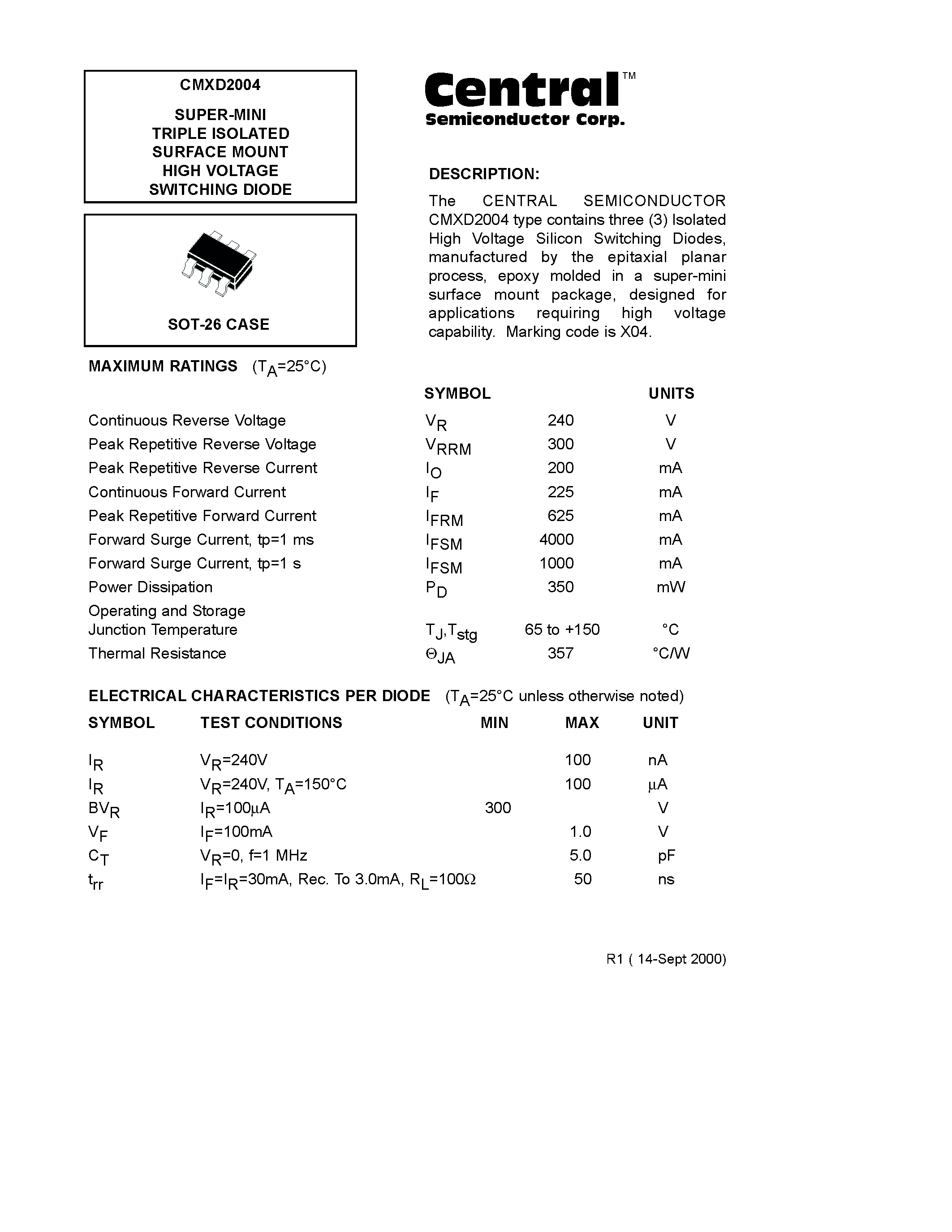 Даташит CMXD2004 - SUPER-MINI TRIPLE ISOLATED SURFACE MOUNT HIGH VOLTAGE SWITCHING DIODE страница 1