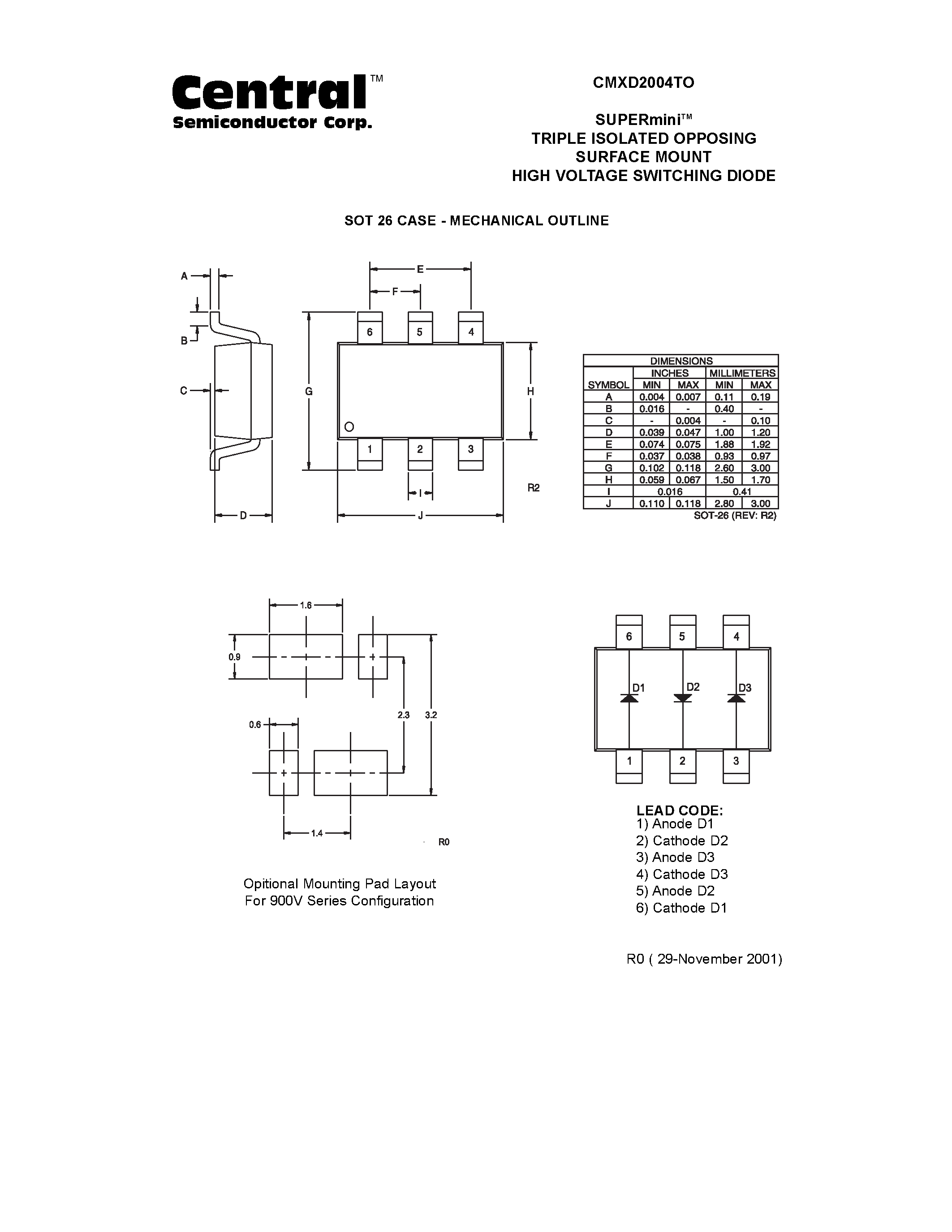 Даташит CMXD2004TO - SUPERminiTM TRIPLE ISOLATED OPPOSING SURFACE MOUNT HIGH VOLTAGE SWITCHING DIODE страница 2