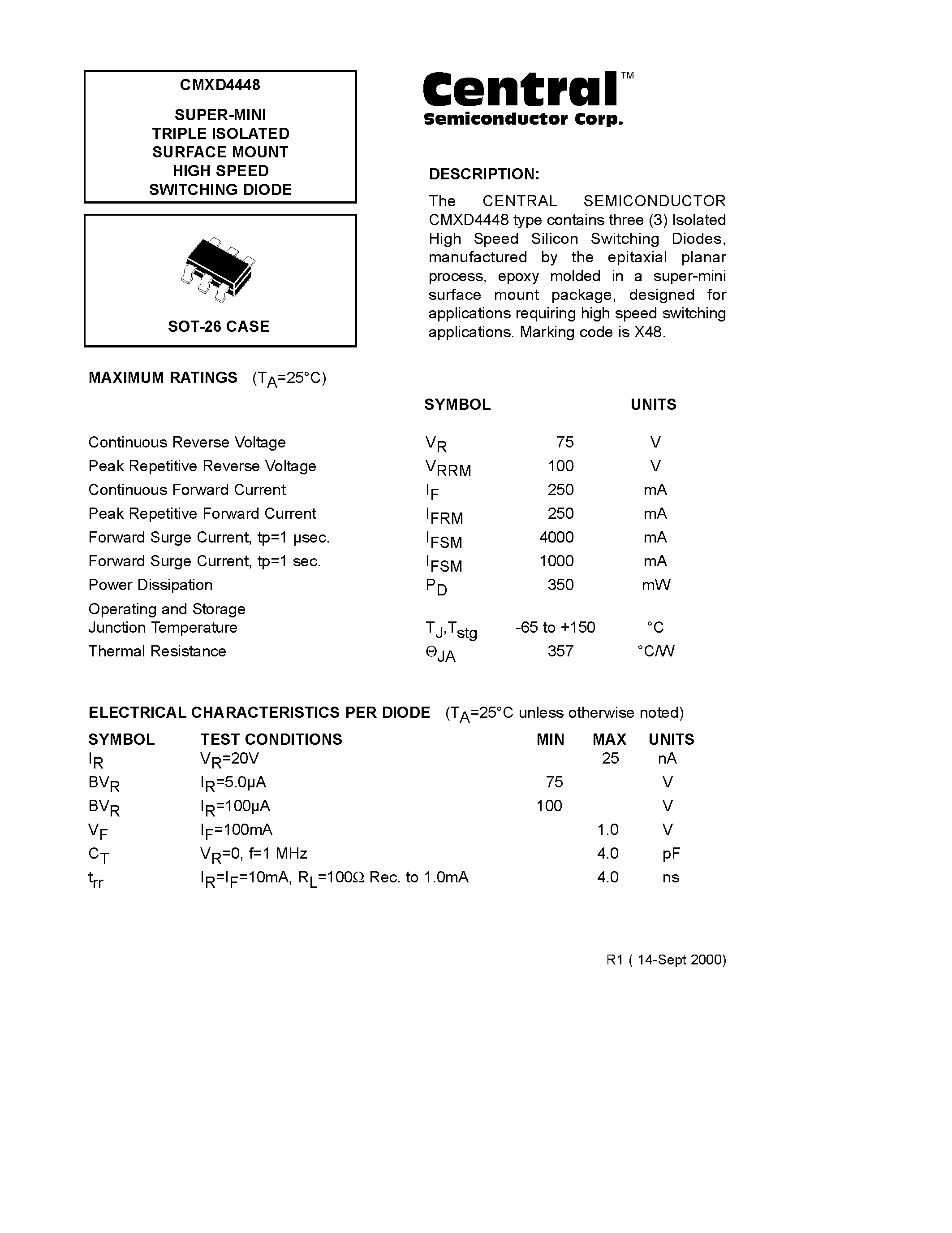 Даташит на микросхему CMXD4448 страница 1 Даташит CMXD4448 - SUPER-MINI TRIPLE ISOLATED SURFACE MOUNT HIGH SPEED SWITCHING DIODE страница 1