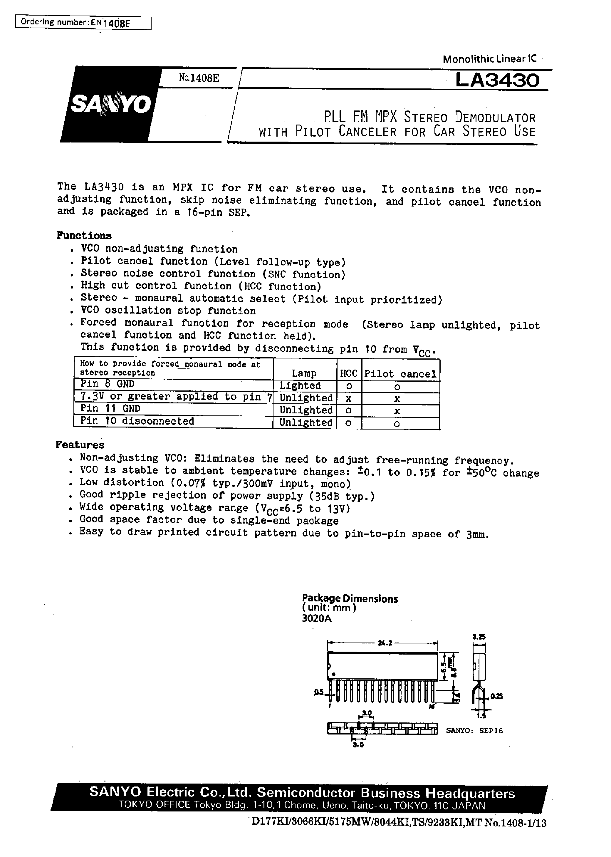 Datasheet LA3430 - PLL FM MPX Stereo Demodulator with Pilot Canceler For Car Stereo Use page 1