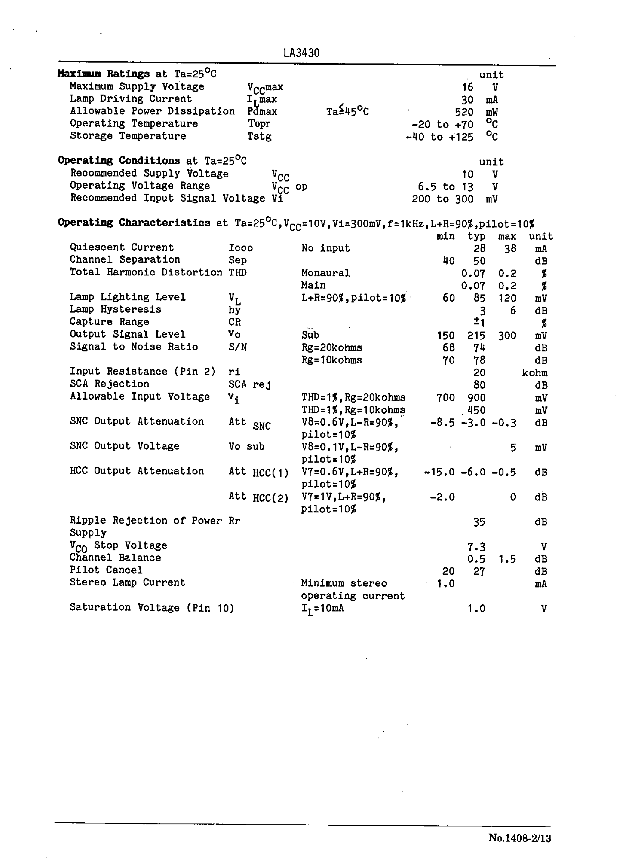 Datasheet LA3430 - PLL FM MPX Stereo Demodulator with Pilot Canceler For Car Stereo Use page 2