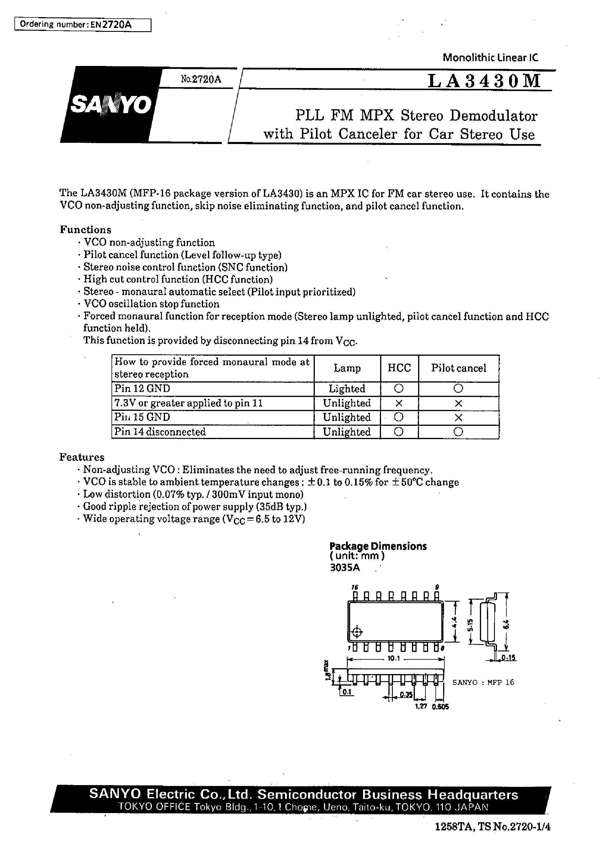 Datasheet LA3430M page 1 Datasheet LA3430M - PLL FM MPX Stereo Demodulator with Pilot Canceler For Car Stereo Use page 1