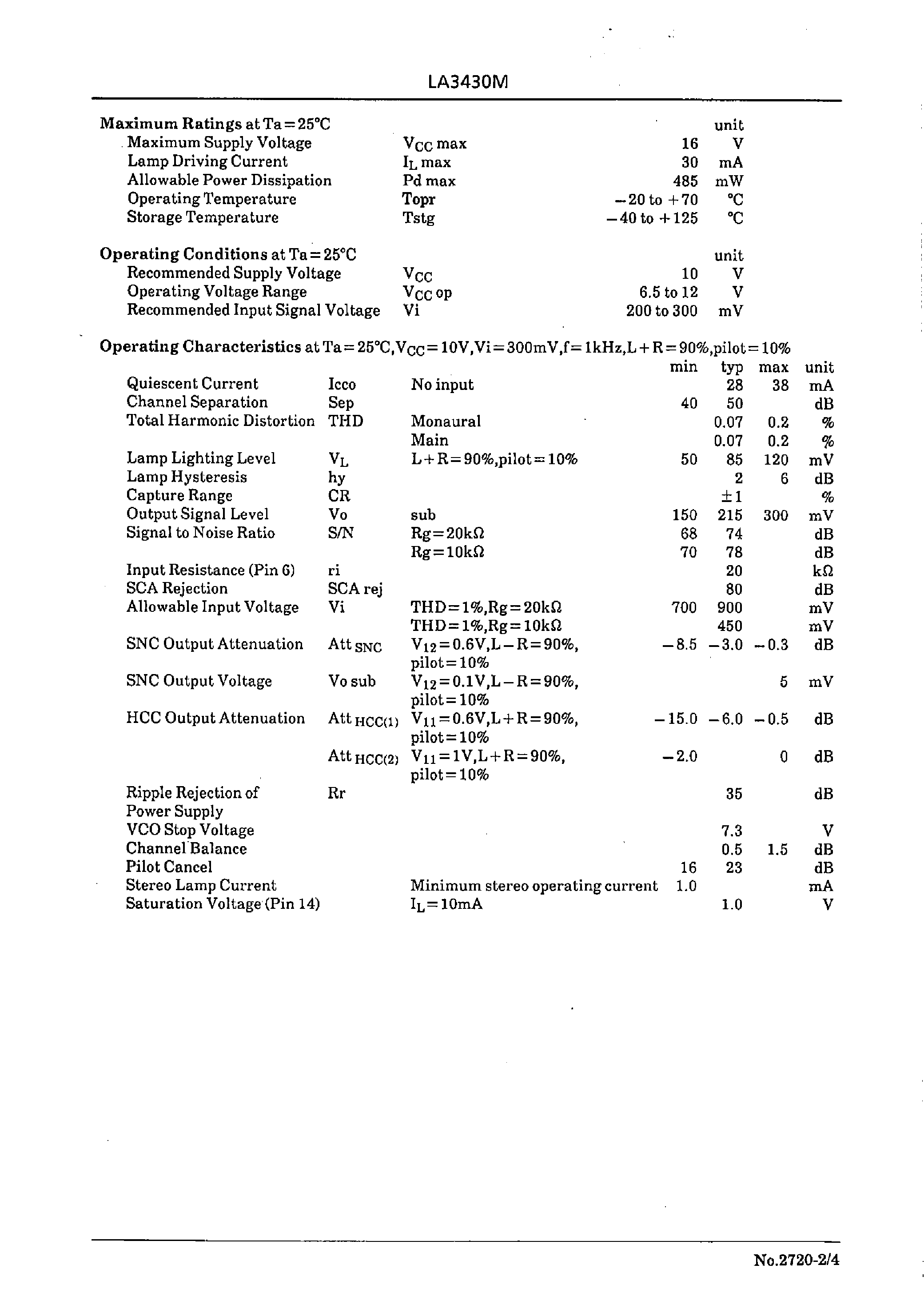 Datasheet LA3430M page 2 Datasheet LA3430M - PLL FM MPX Stereo Demodulator with Pilot Canceler For Car Stereo Use page 2