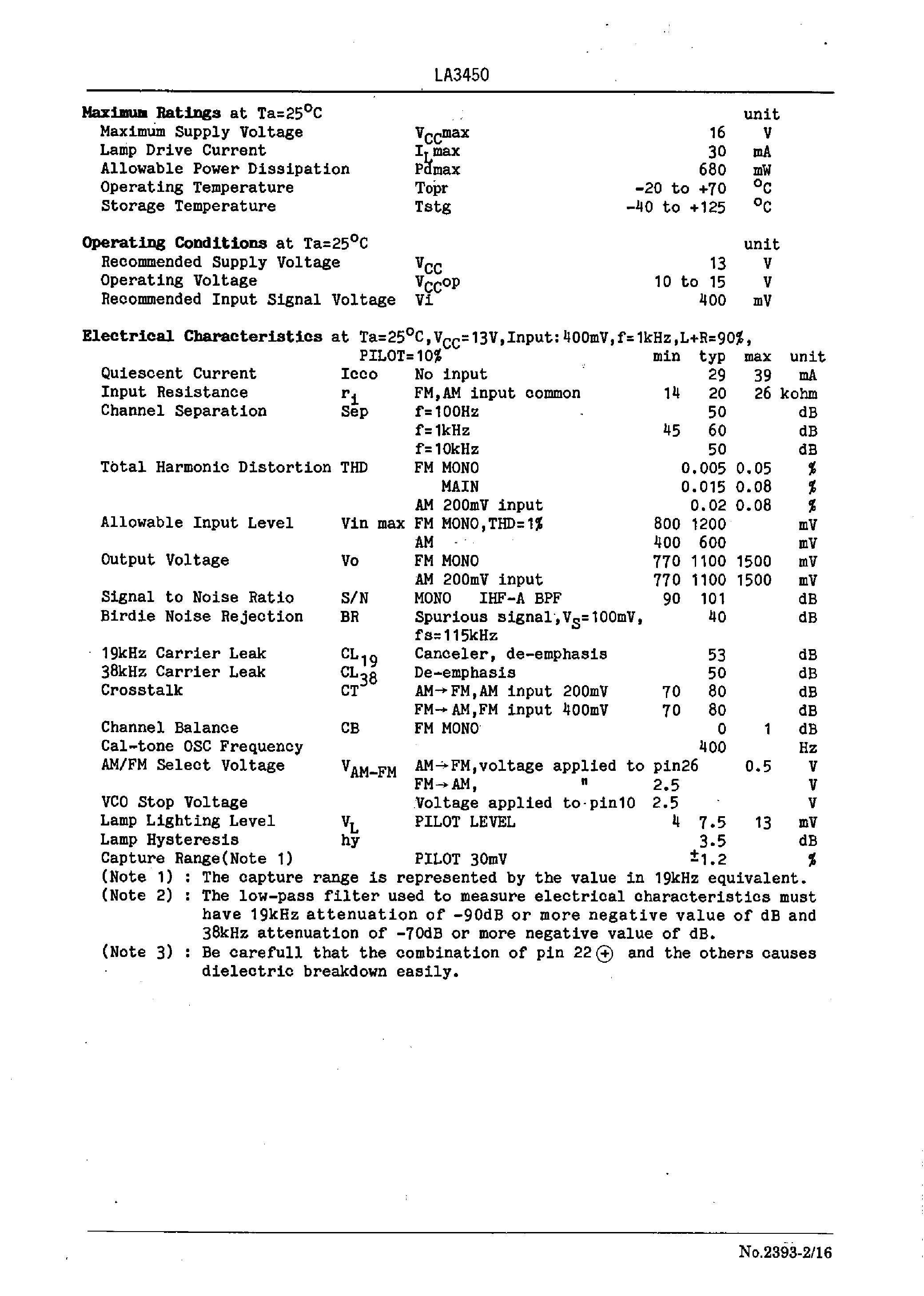 Даташит LA3450 - PLL FM MPX Stereo Demodulator with Adjustment-Free VCO And Measure Against Channel Interference страница 2