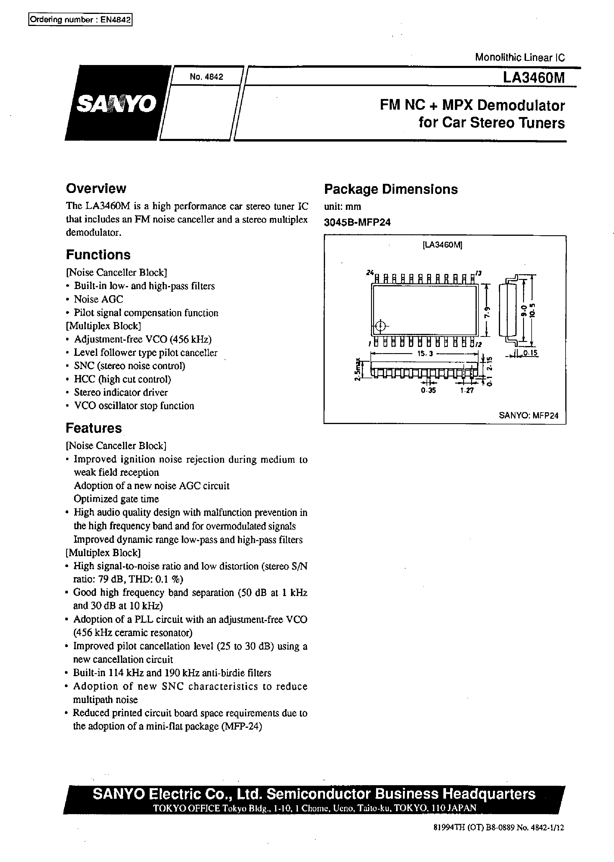 Даташит LA3460M - FM NC + MPX Demodulator for Car Stereo Tuners страница 1