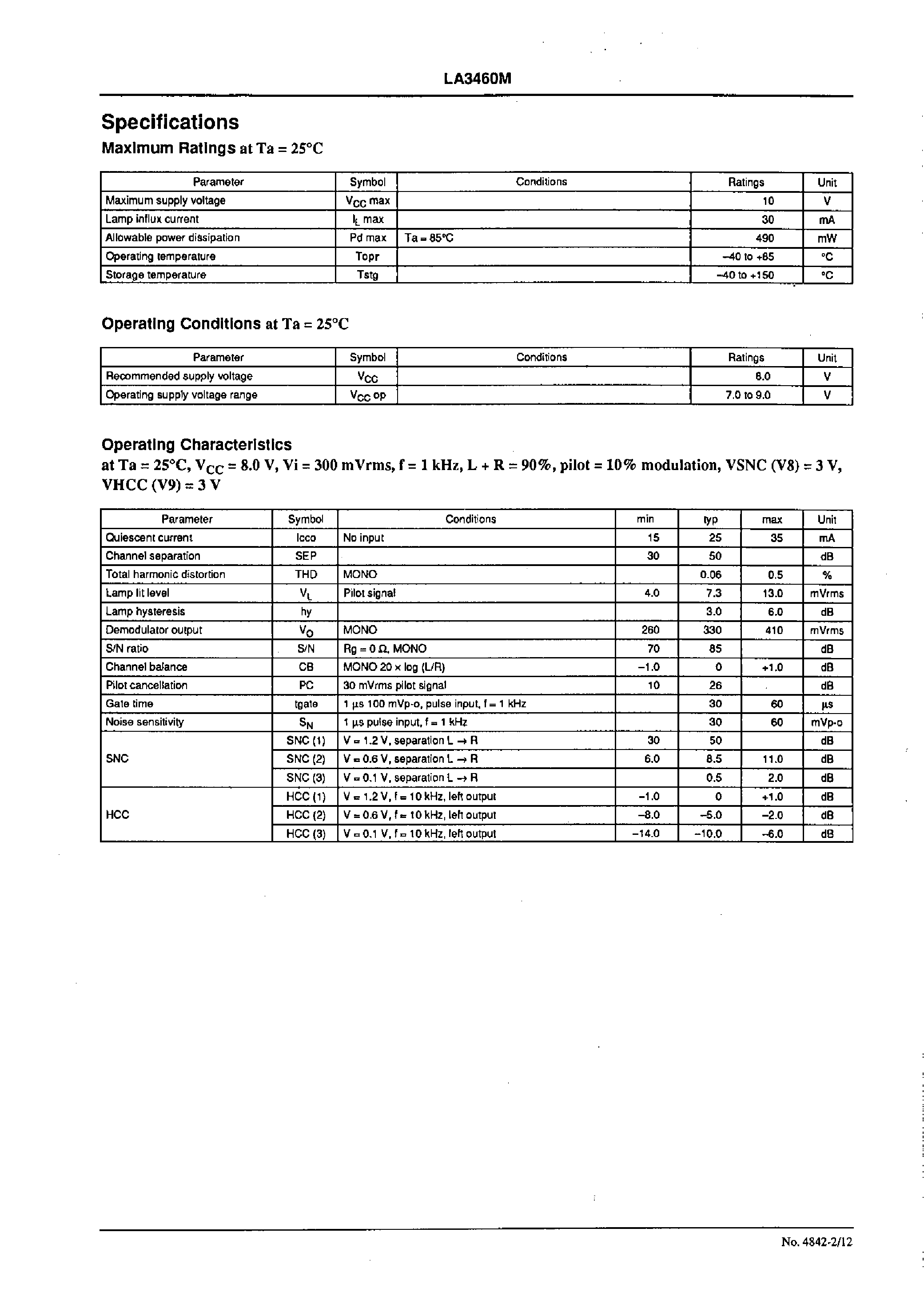 Даташит LA3460M - FM NC + MPX Demodulator for Car Stereo Tuners страница 2