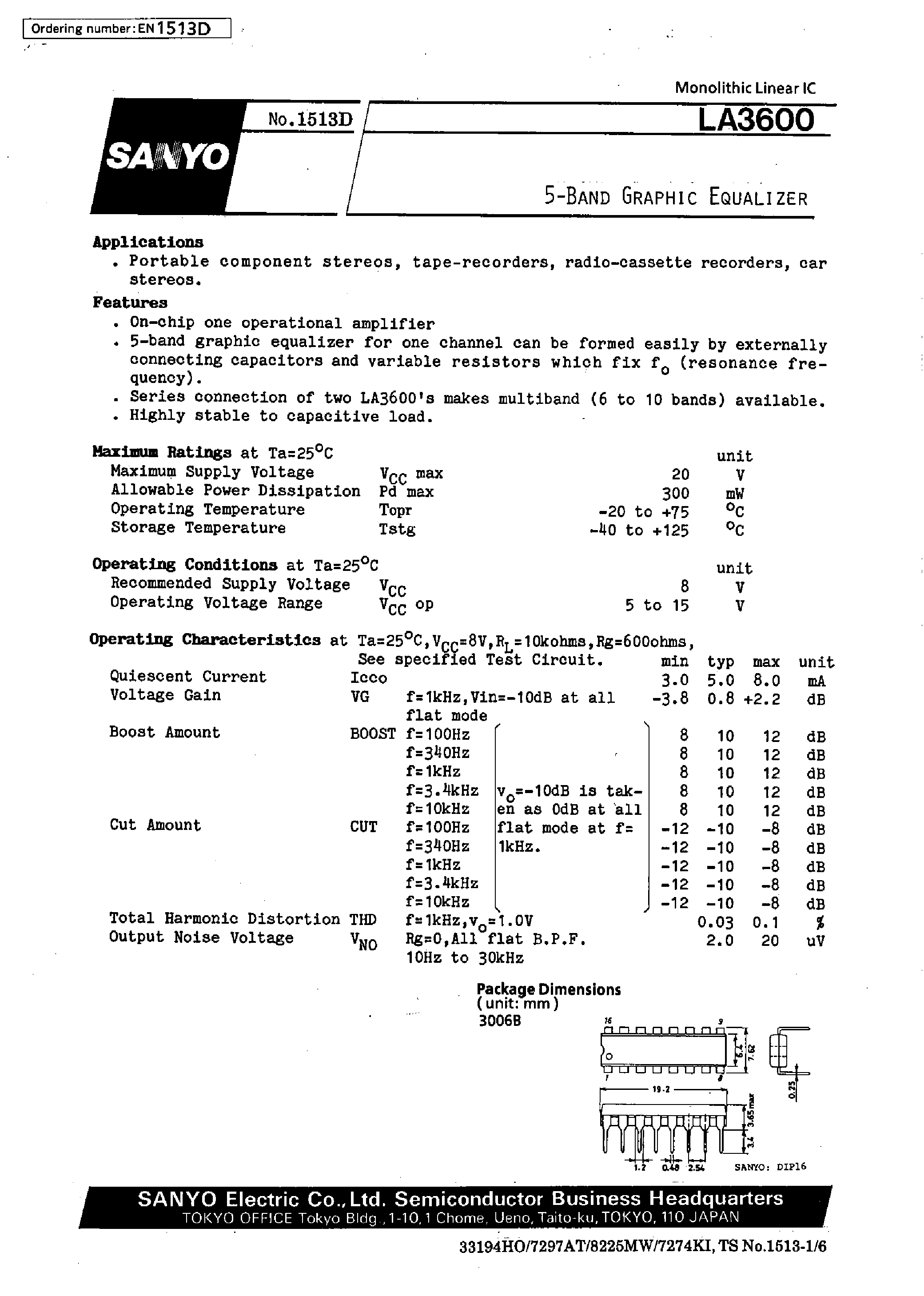 Datasheet LA3600 page 1 Datasheet LA3600 - 5-Band Graphic Equalizer page 1