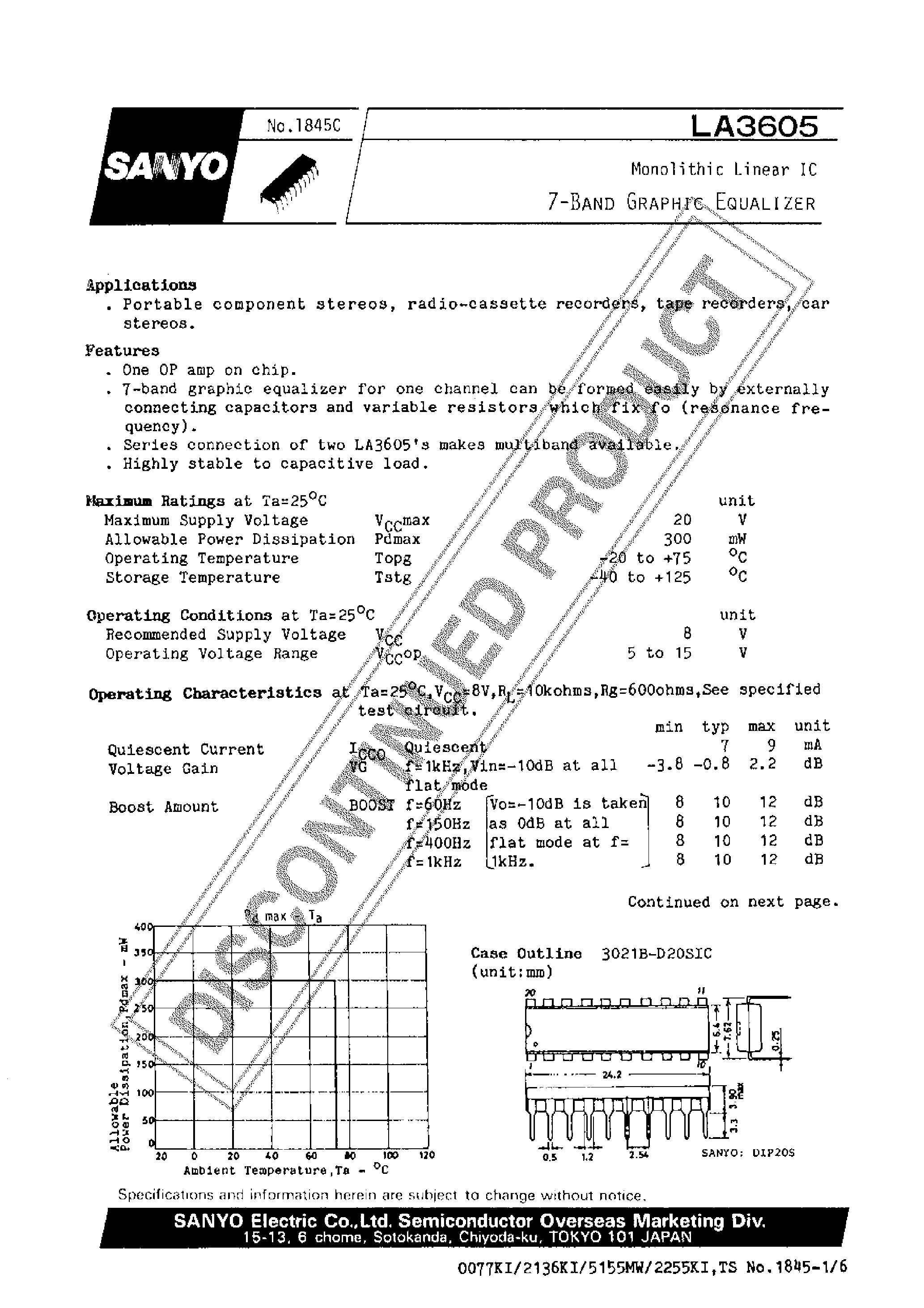 Datasheet LA3605 - 7 BAND GRAPHIC EQUALIZER page 1