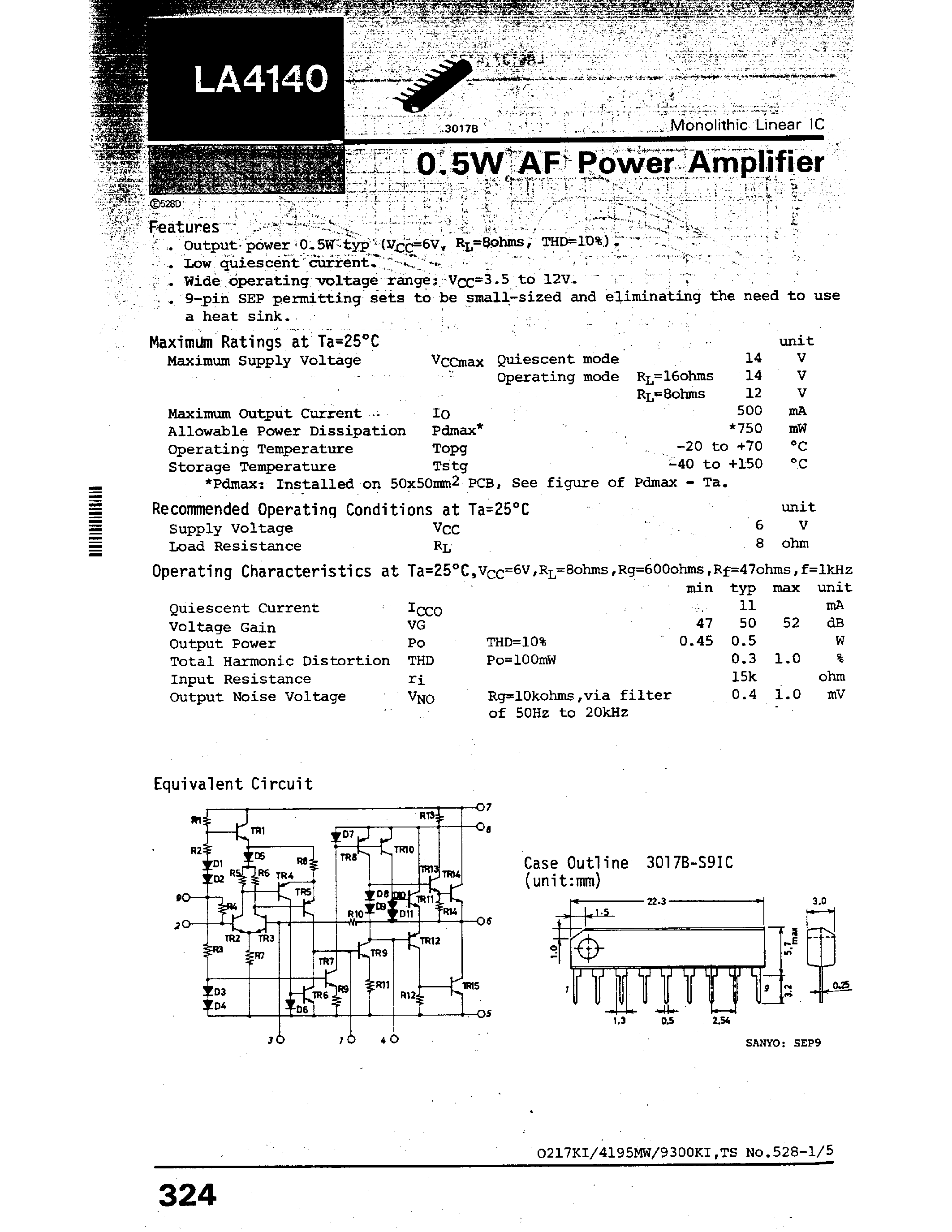 Datasheet LA4140 page 1 Datasheet LA4140 - 0.5W AF Power Amplifier page 1