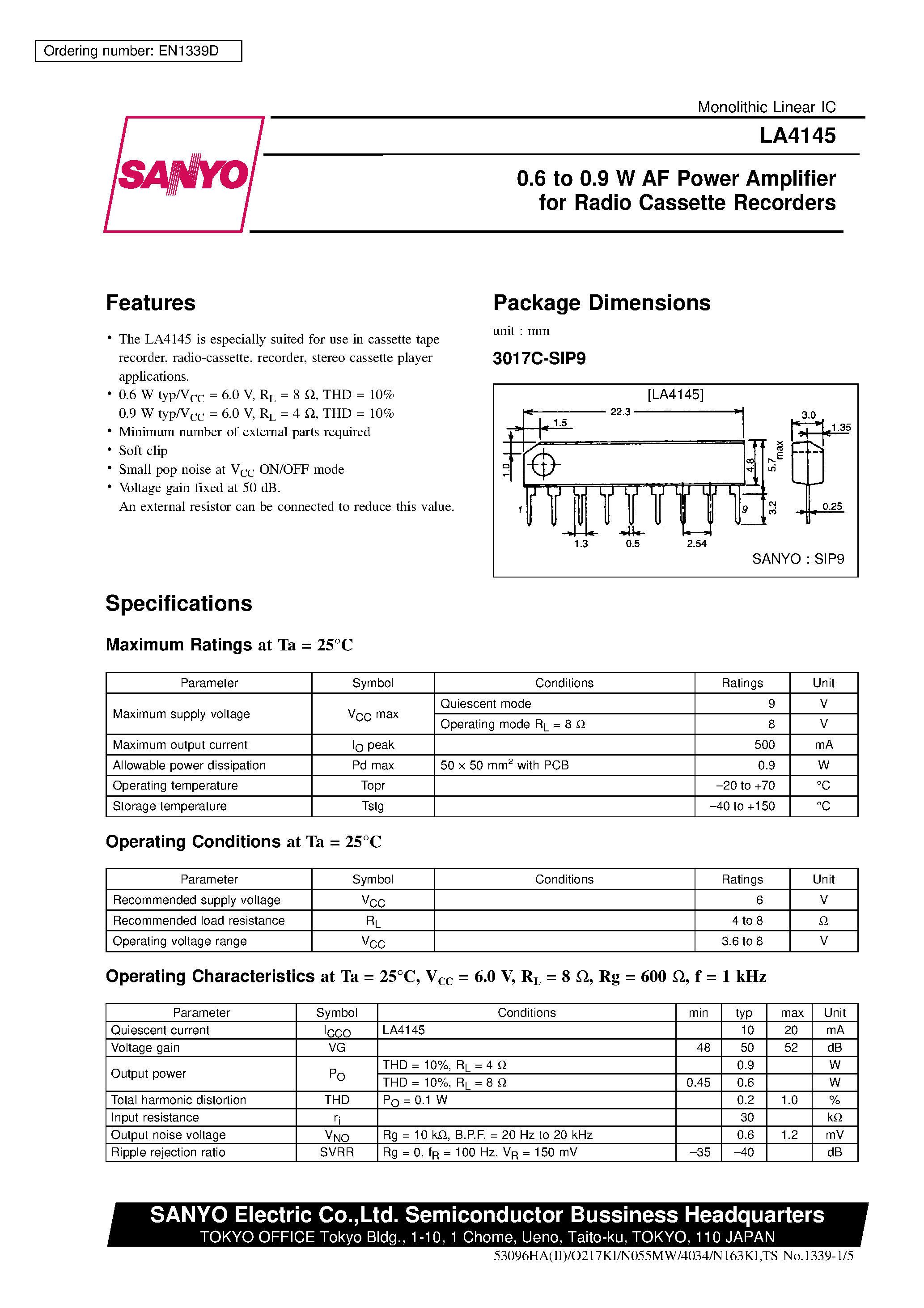 Datasheet LA4145 - 0.6 to 0.9 W AF Power Amplifier for Radio Cassette Recorders page 1