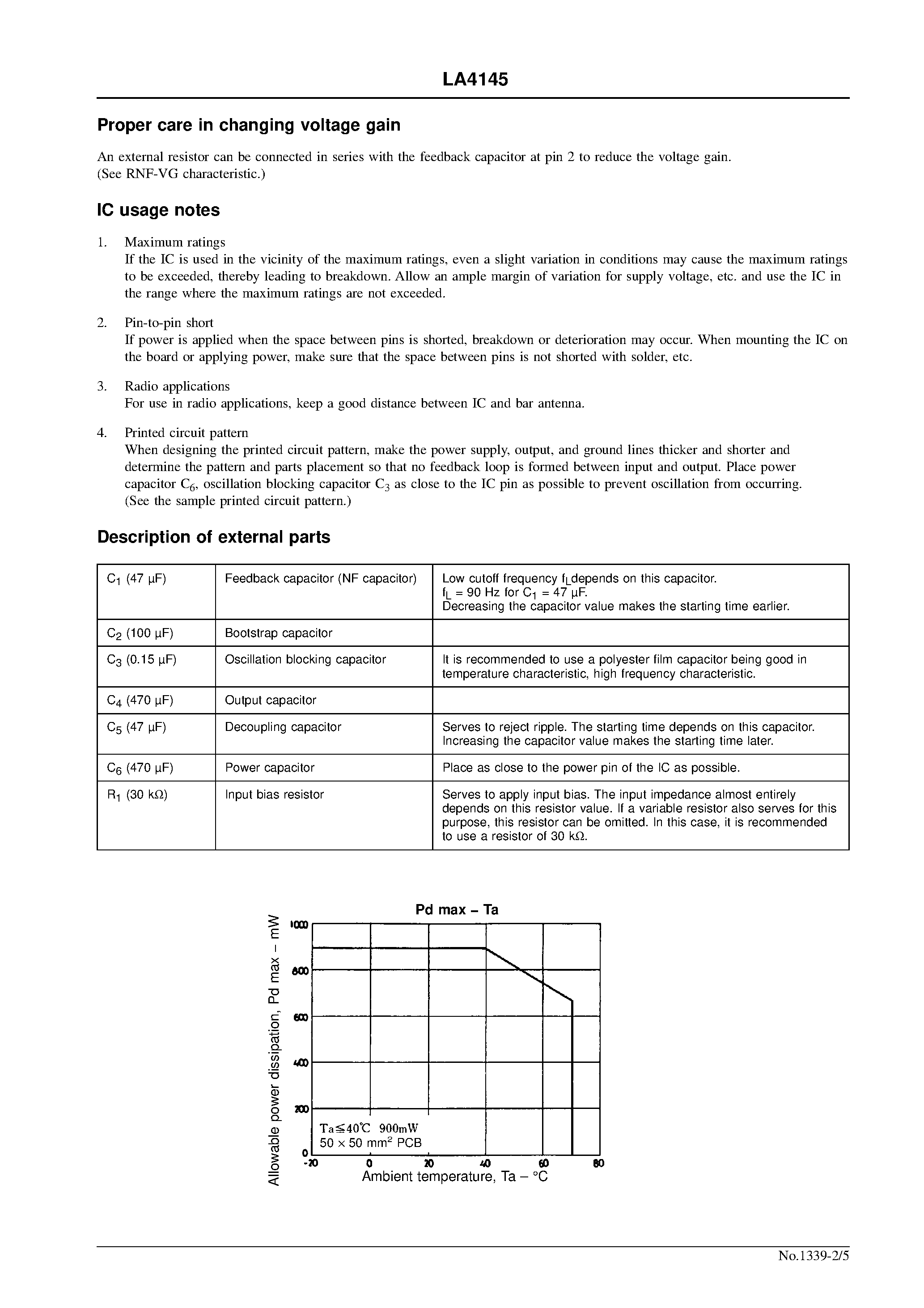Datasheet LA4145 - 0.6 to 0.9 W AF Power Amplifier for Radio Cassette Recorders page 2