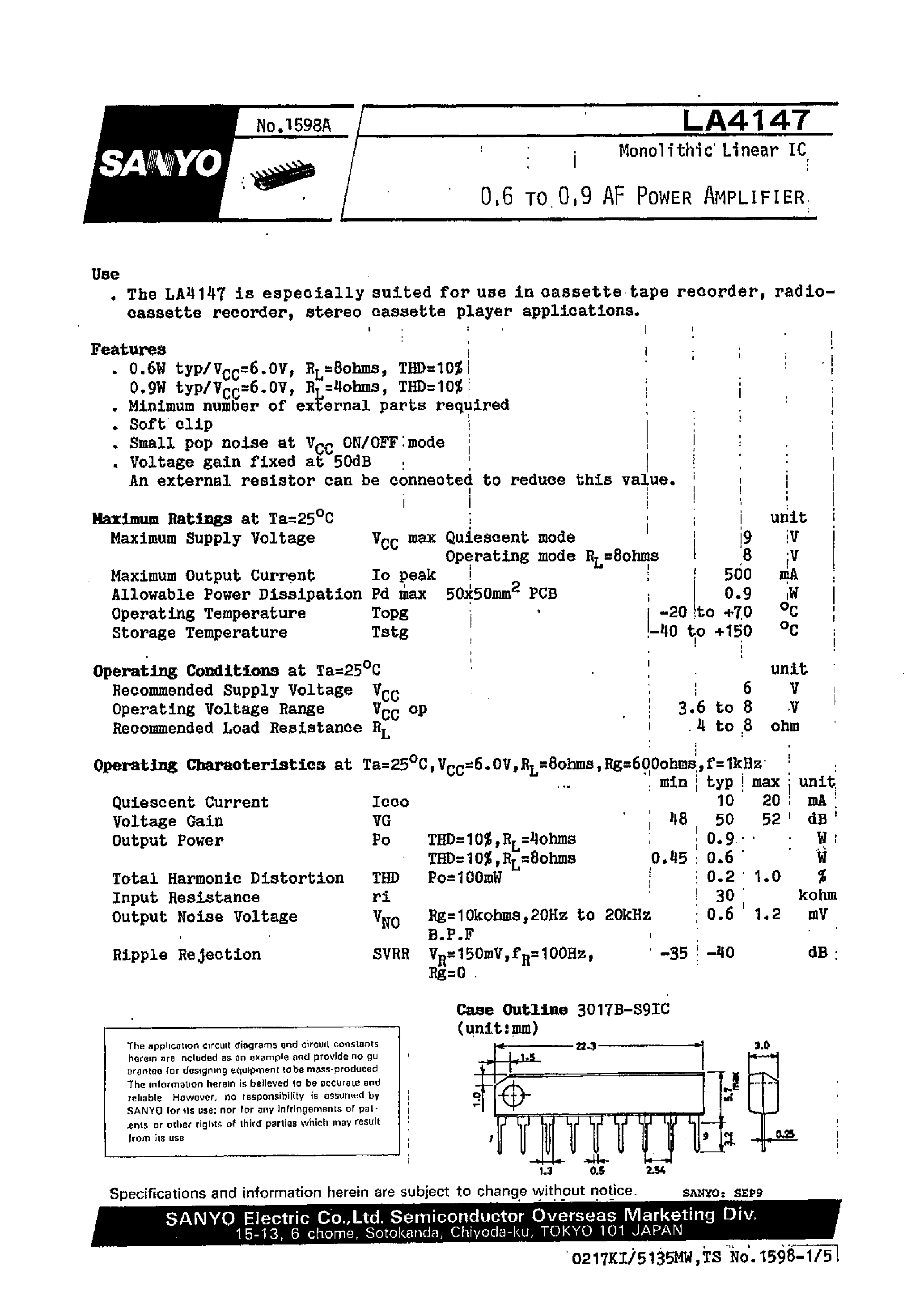 Datasheet LA4147 - 0.6 To 0.9 AF Power Amplifier page 1