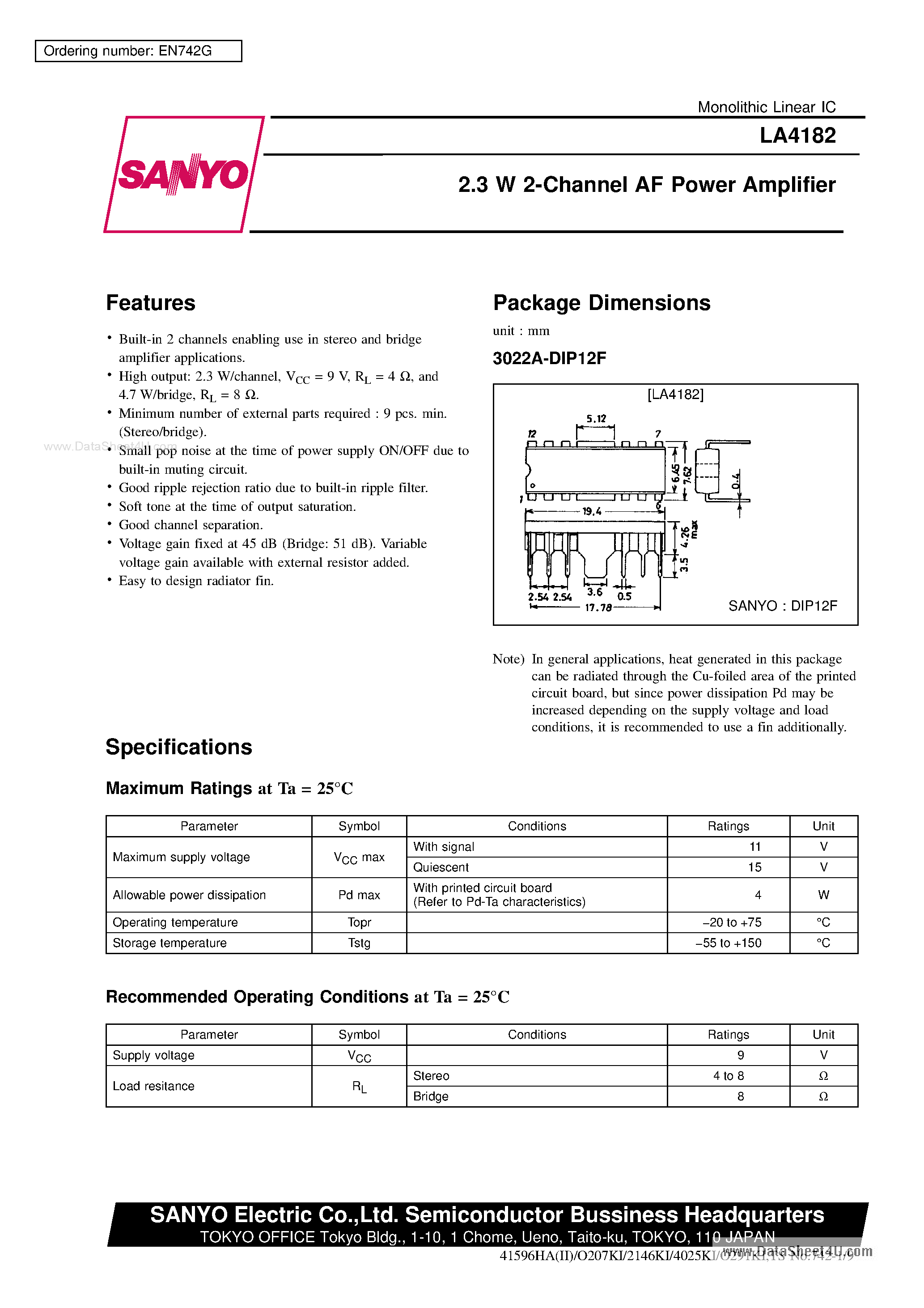 Datasheet LA4182 - 2.3 W 2-Channel AF Power Amplifier page 1