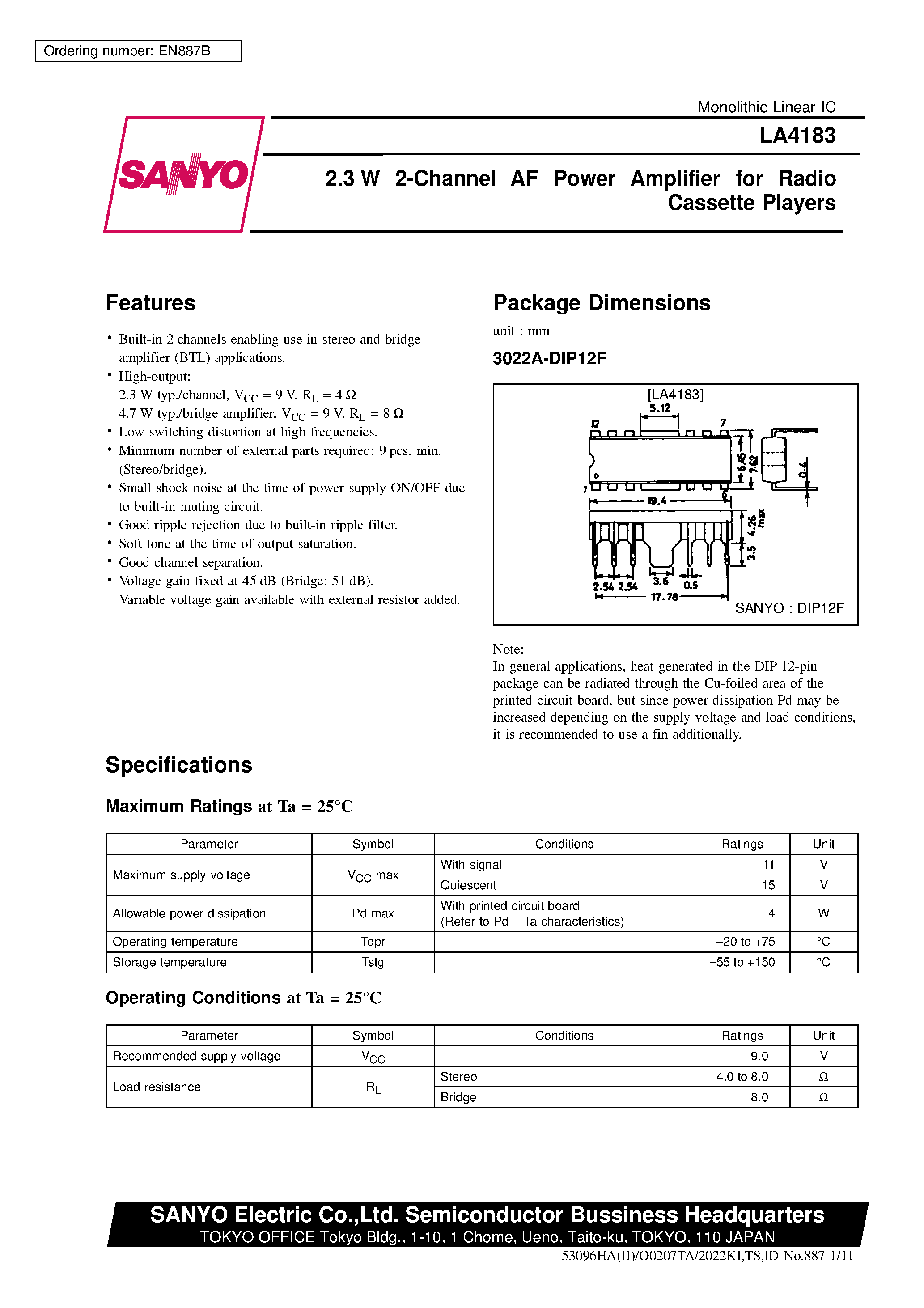 Datasheet LA4183 page 1 Datasheet LA4183 - 2.3 W 2-Channel AF Power Amplifier for Radio Cassette Players page 1