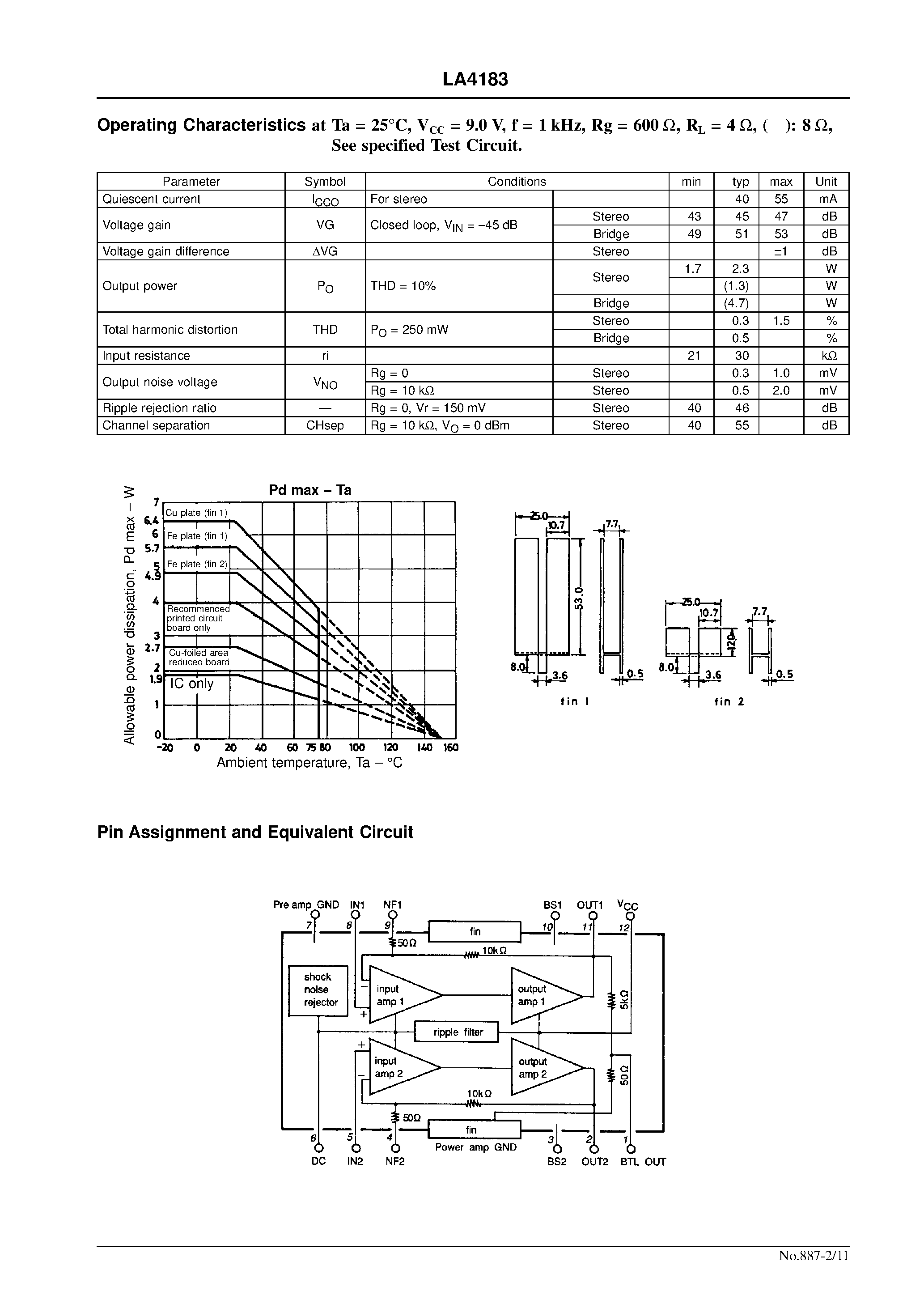 Datasheet LA4183 page 2 Datasheet LA4183 - 2.3 W 2-Channel AF Power Amplifier for Radio Cassette Players page 2