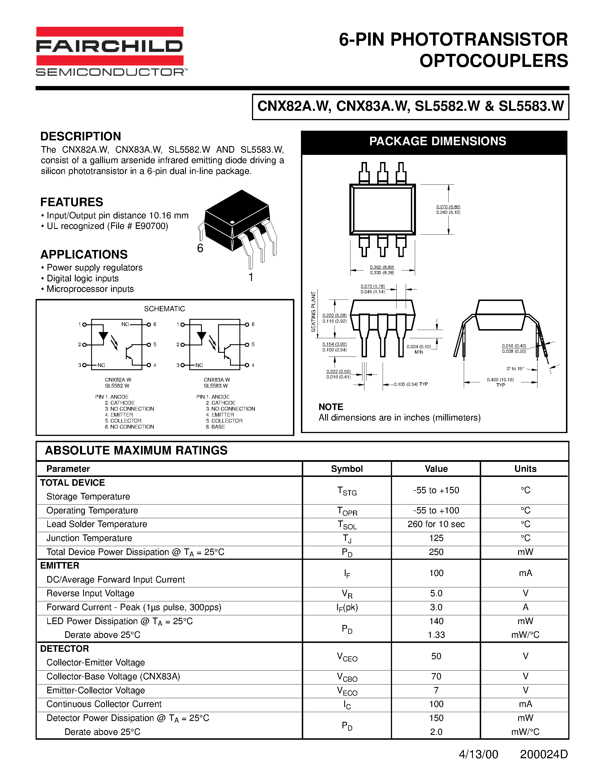 Datasheet CNX82A.300W - 6-PIN PHOTOTRANSISTOR OPTOCOUPLERS page 1