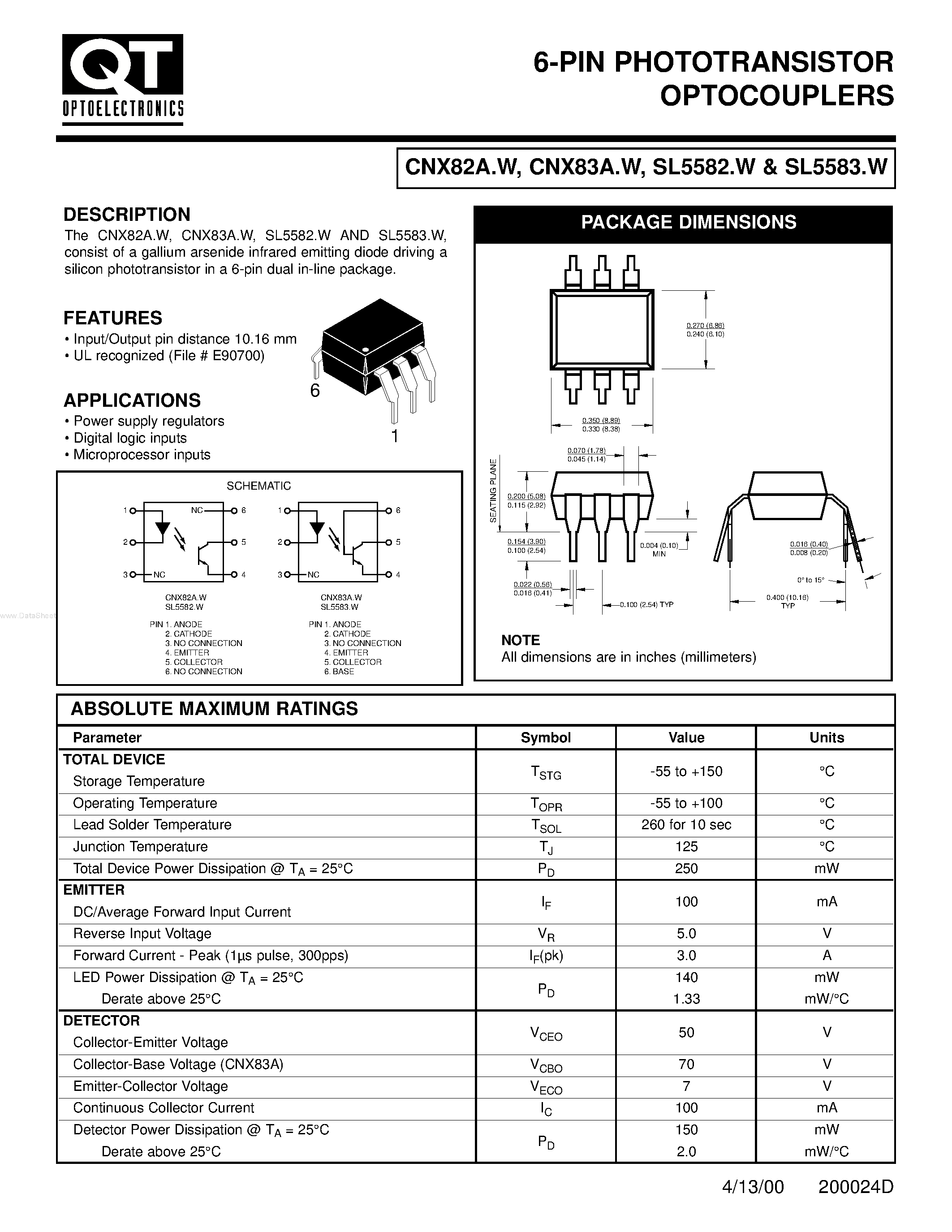 Datasheet CNX82A.W page 1 Datasheet CNX82A.W - 6-pin phototransistor optocouplers page 1