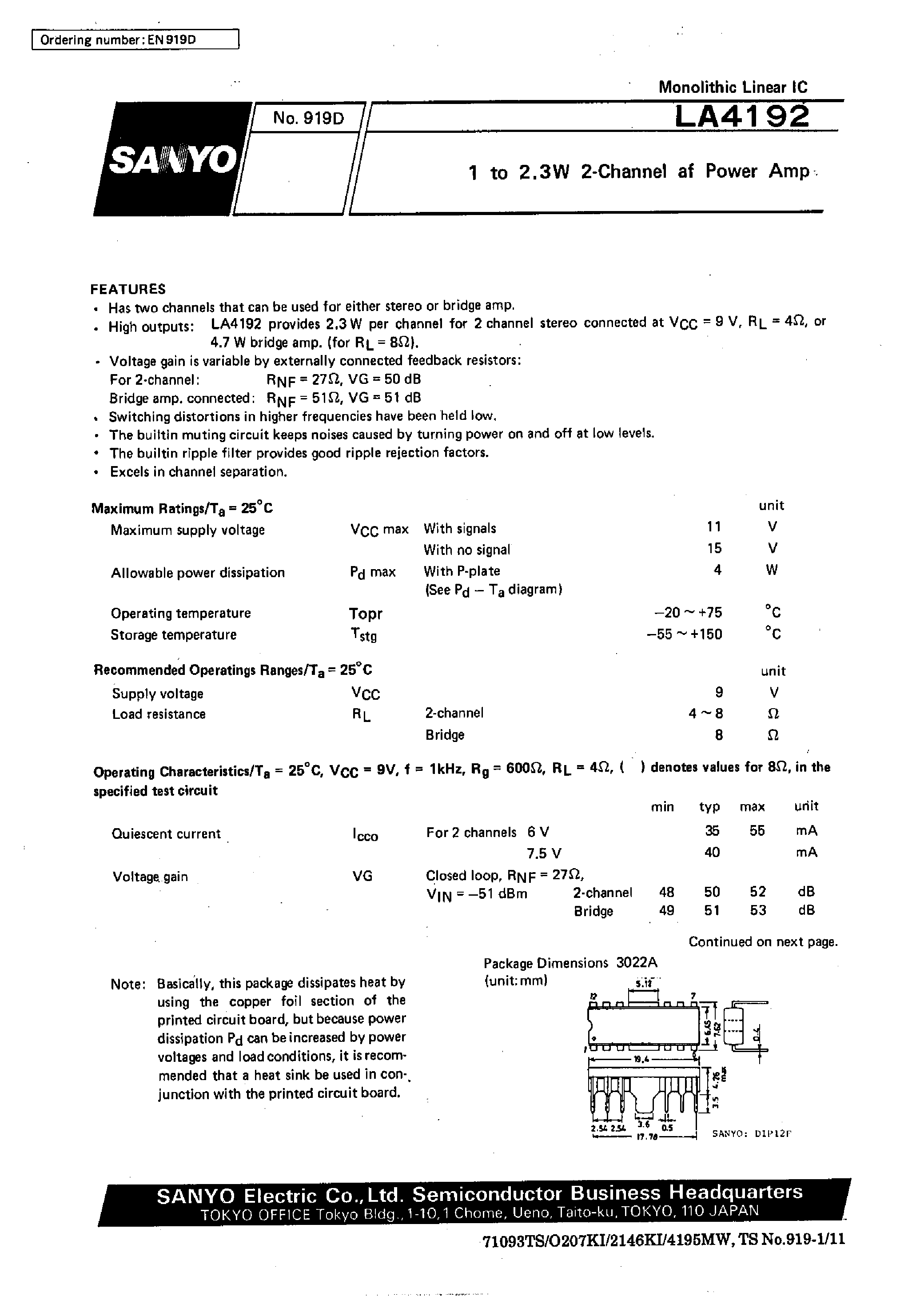Datasheet LA4192 - 1 to 2.3W 2-Channel af Power Amp page 1