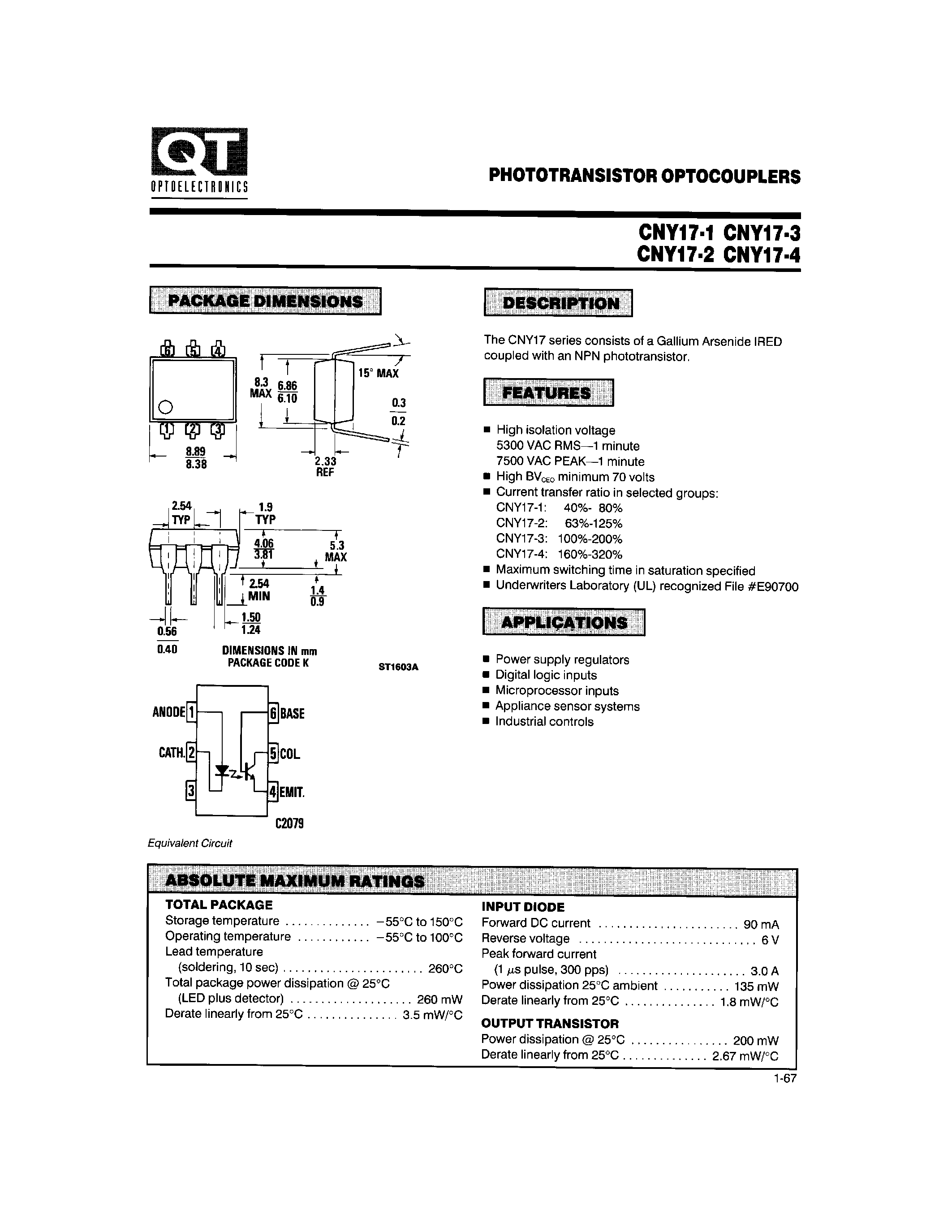 Даташит CNY17-1 - PHOTOTRANSISTOR OPTOCOUPLERS страница 1