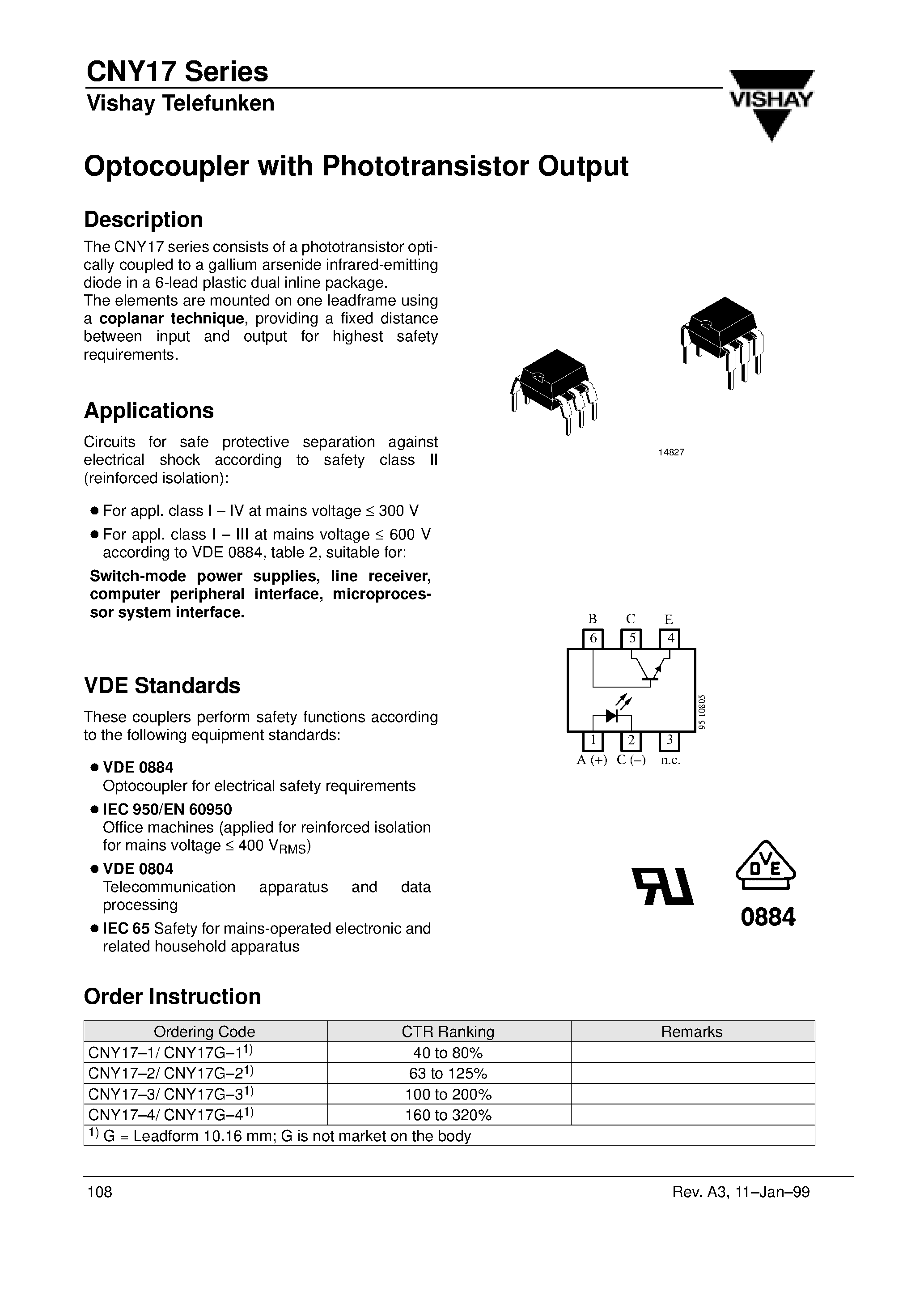 Даташит CNY17-1 - Optocoupler with Phototransistor Output страница 1