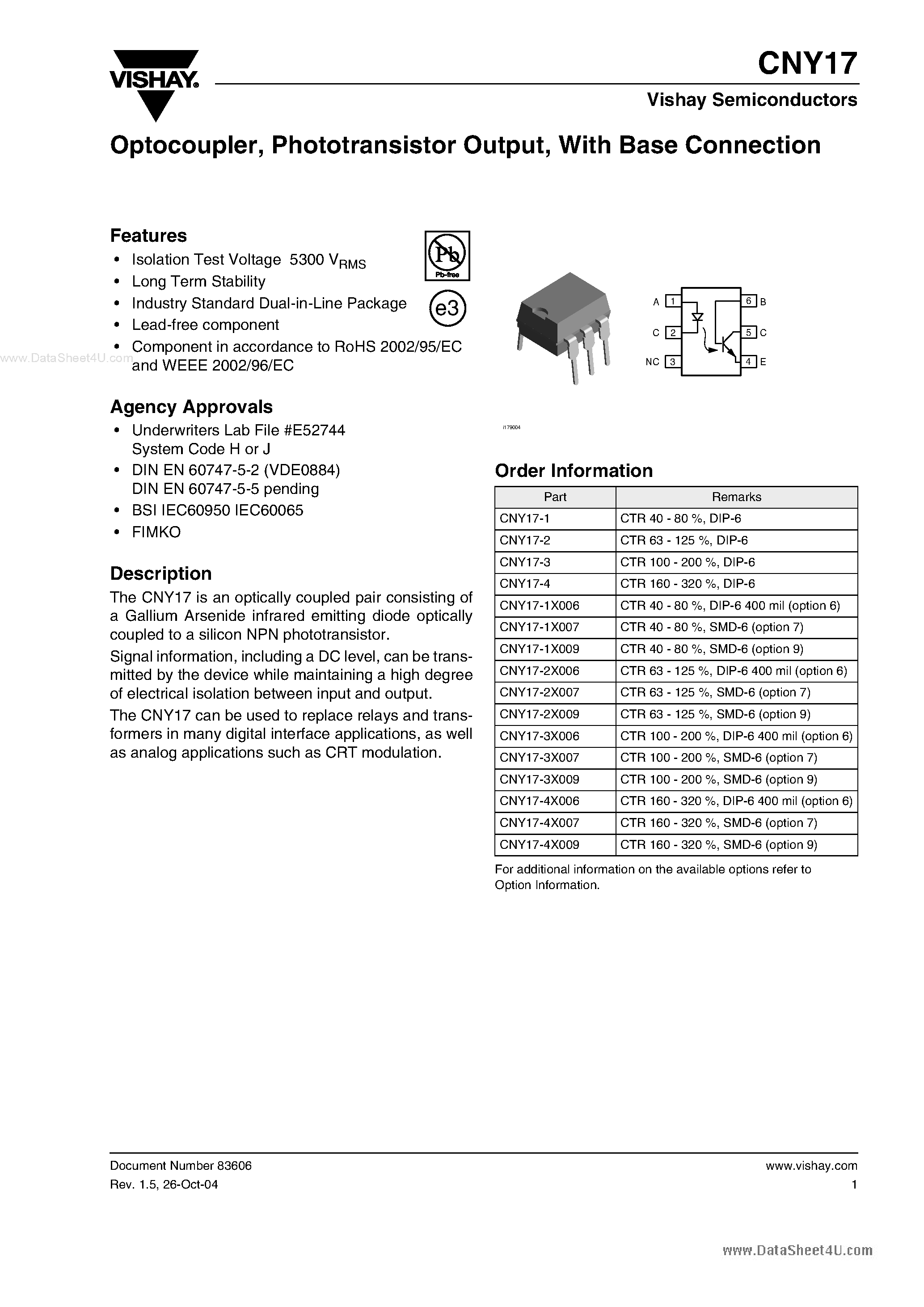 Даташит CNY17-1 - OPTICALLY COUPLED ISOLATOR PHOTOTRANSISTOR OUTPUT страница 1