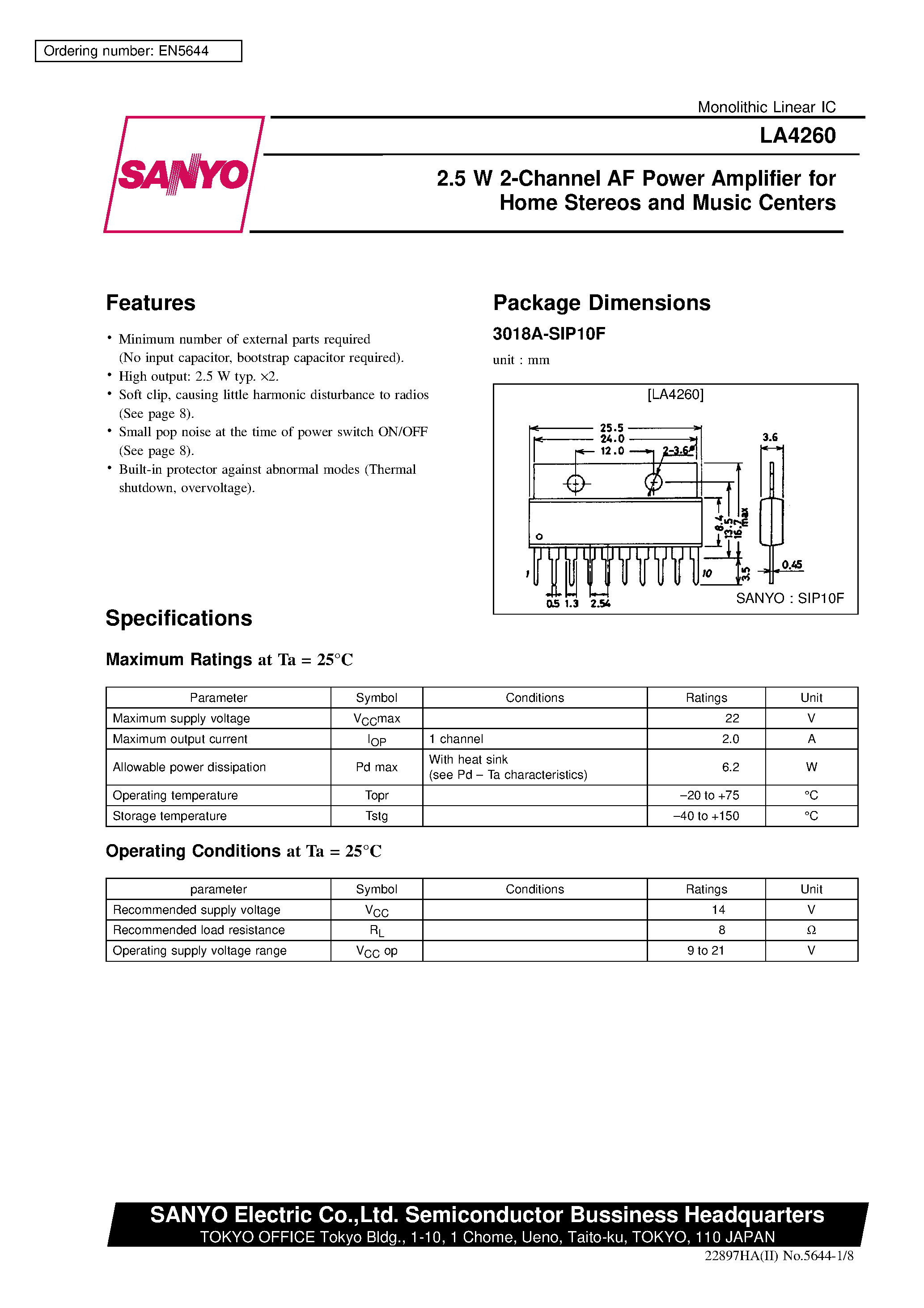Даташит на микросхему LA4260 страница 1 Даташит LA4260 - 2.5 W 2-Channel AF Power Amplifier for Home Stereos and Music Centers страница 1