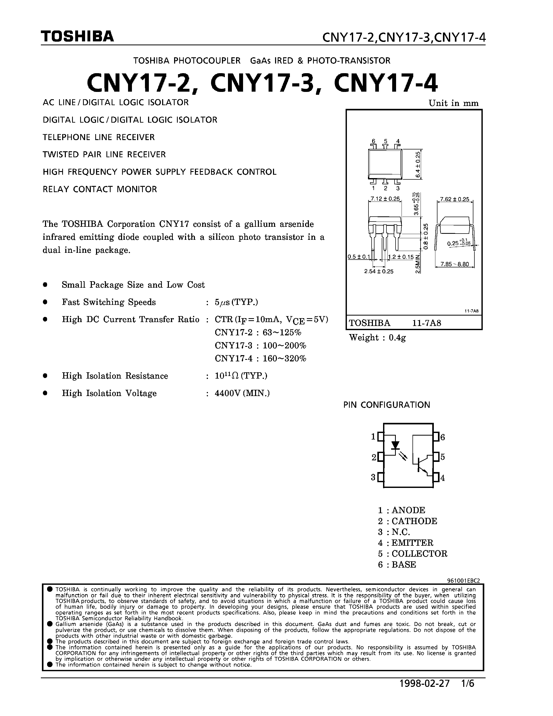 Datasheet CNY17-3 - IRED & PHOTO-TRANSISTOR (AC LINE/DIGITAL LOGIC ISOLATOR) page 1