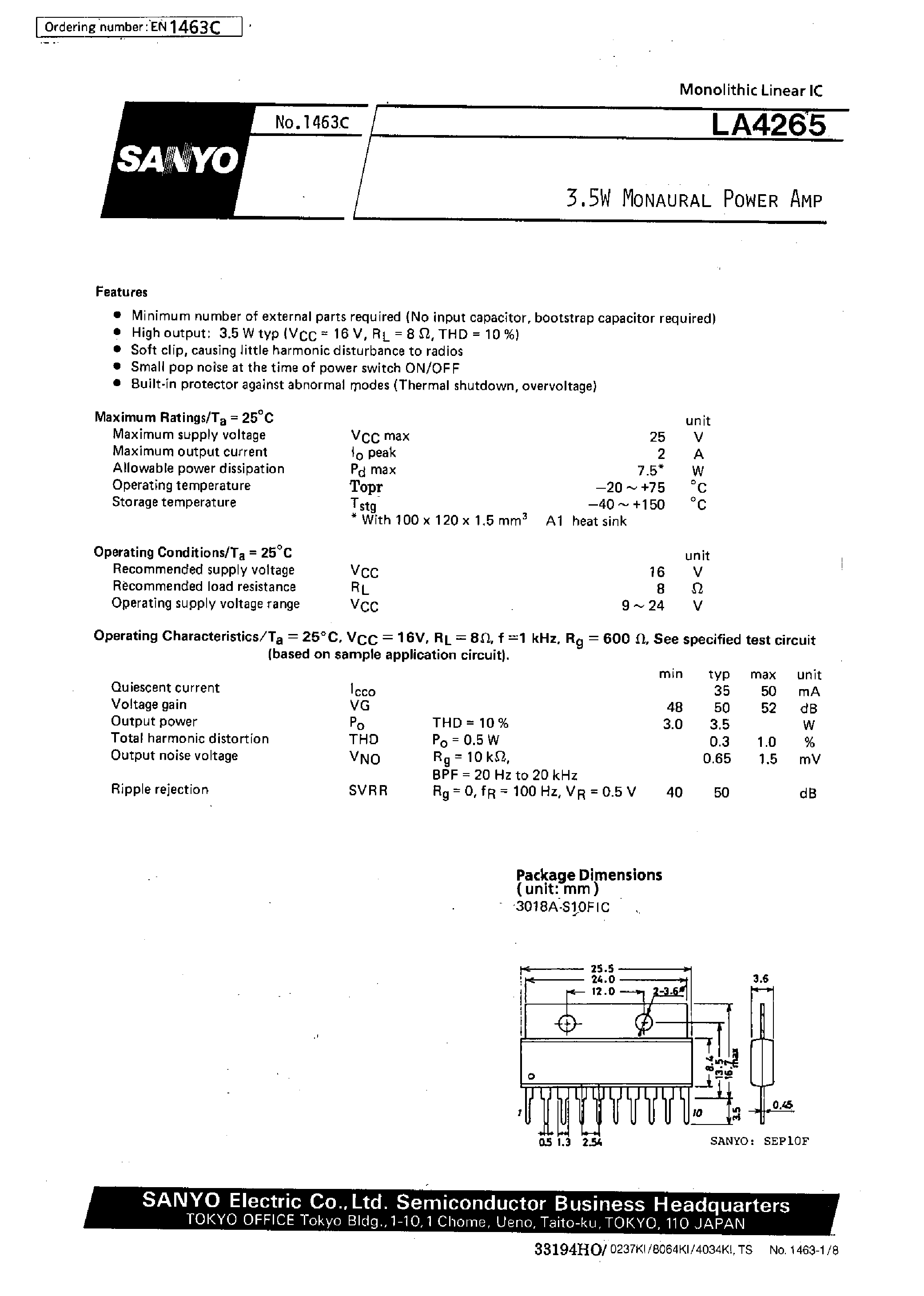 Datasheet LA4265 - 3.5W Monaural Power Amp page 1
