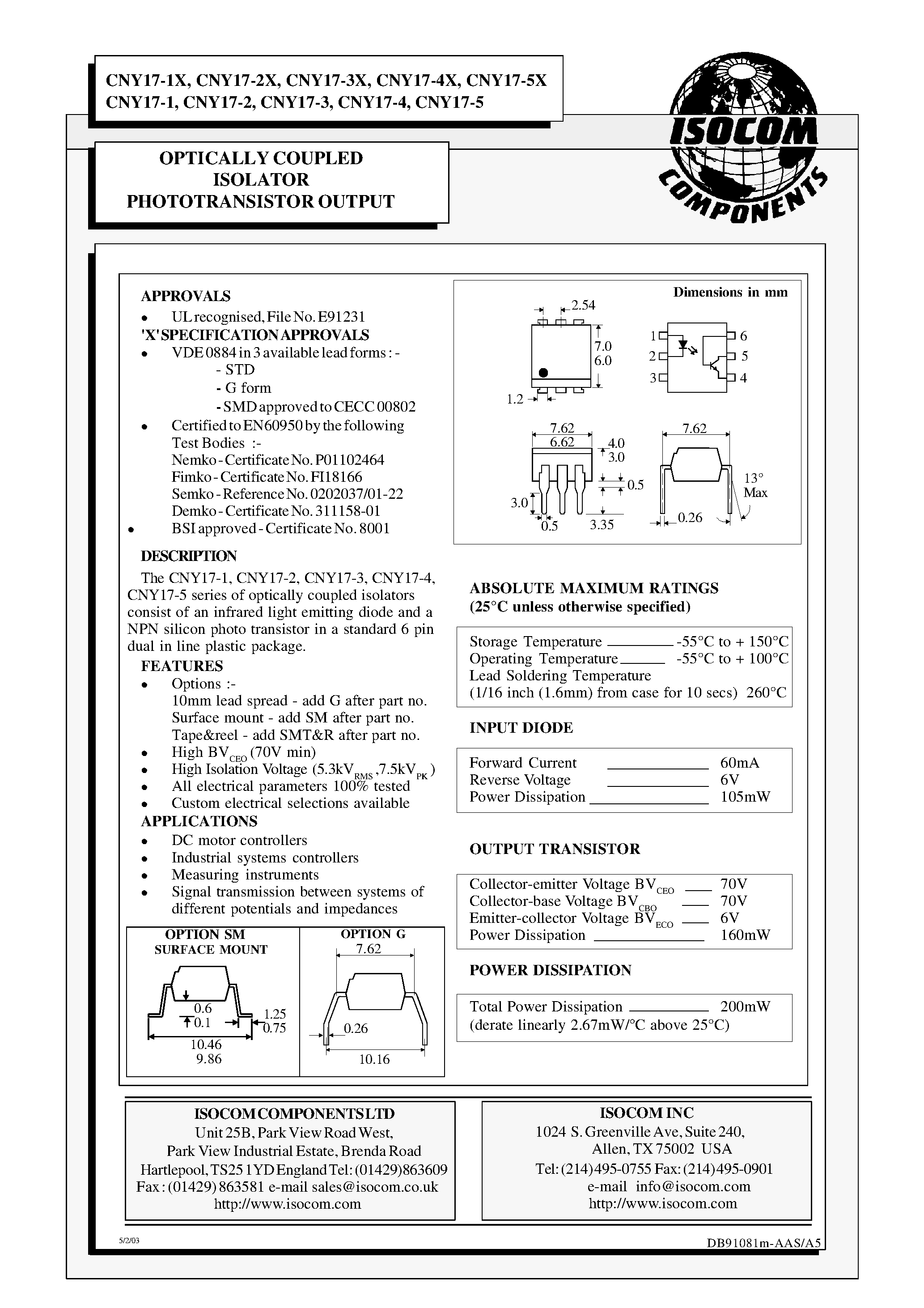 Datasheet CNY17-5 - OPTICALLY COUPLED ISOLATOR PHOTOTRANSISTOR OUTPUT page 1