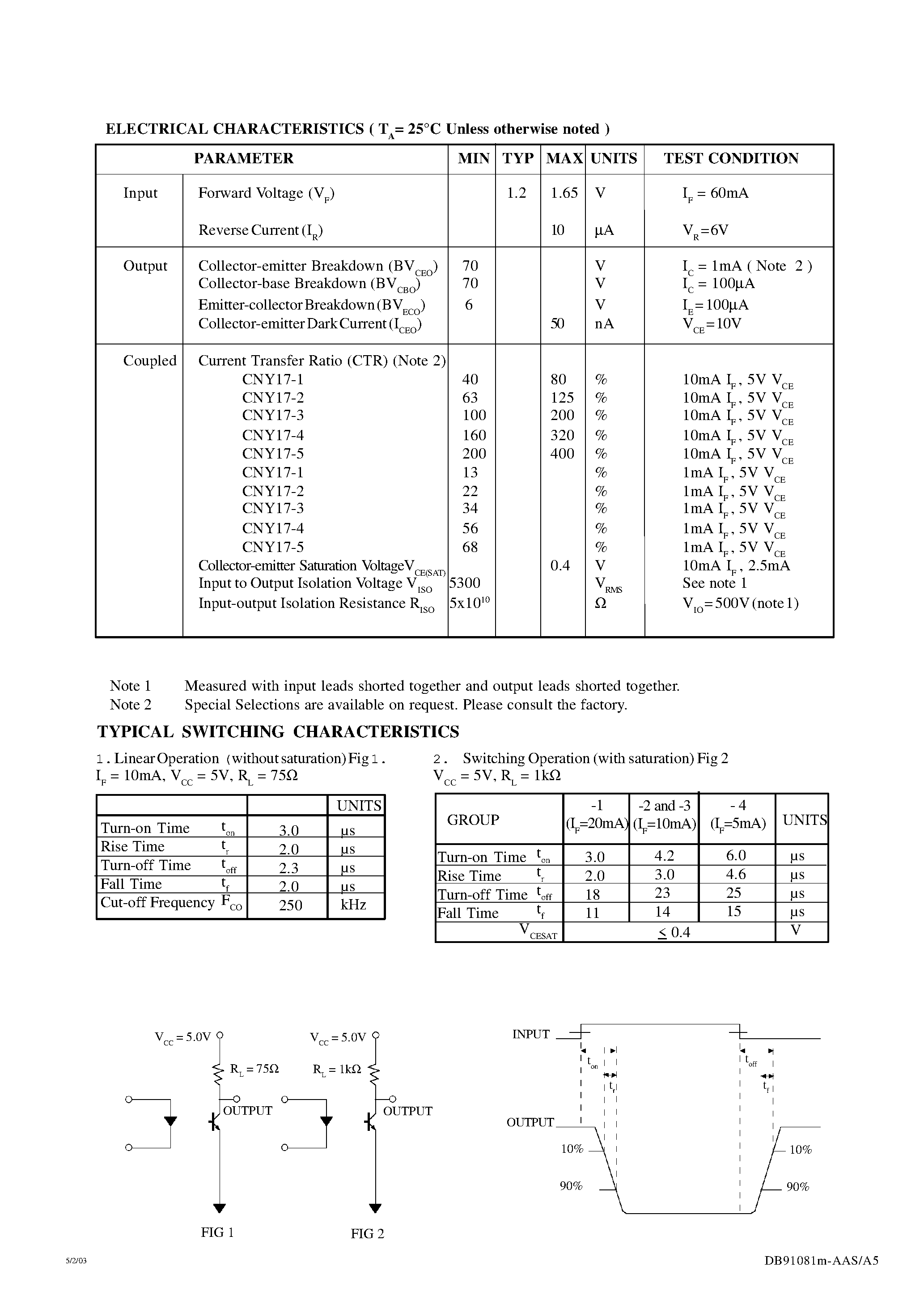 Datasheet CNY17-5 - OPTICALLY COUPLED ISOLATOR PHOTOTRANSISTOR OUTPUT page 2