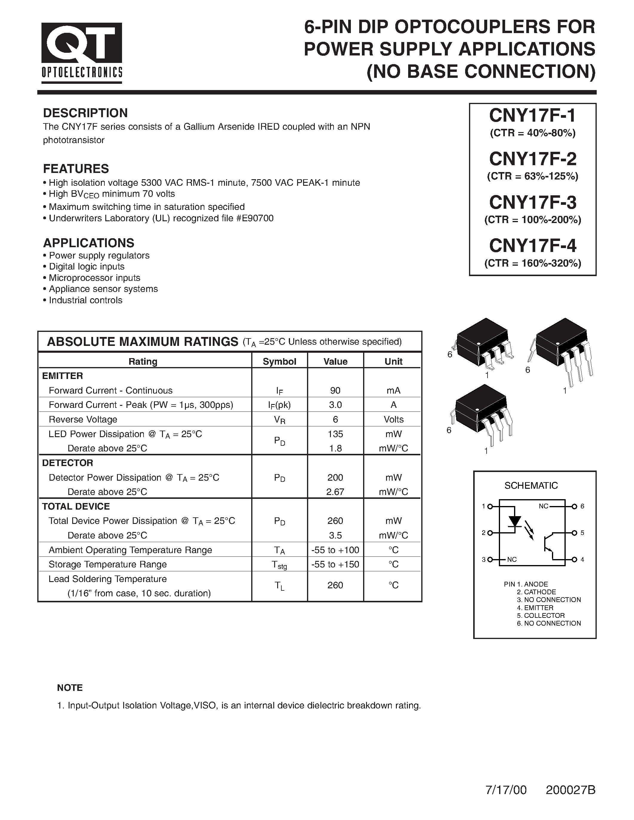 Datasheet CNY17F-1 - 6-PIN DIP OPTOCOUPLERS FOR POWER SUPPLY APPLICATIONS page 1