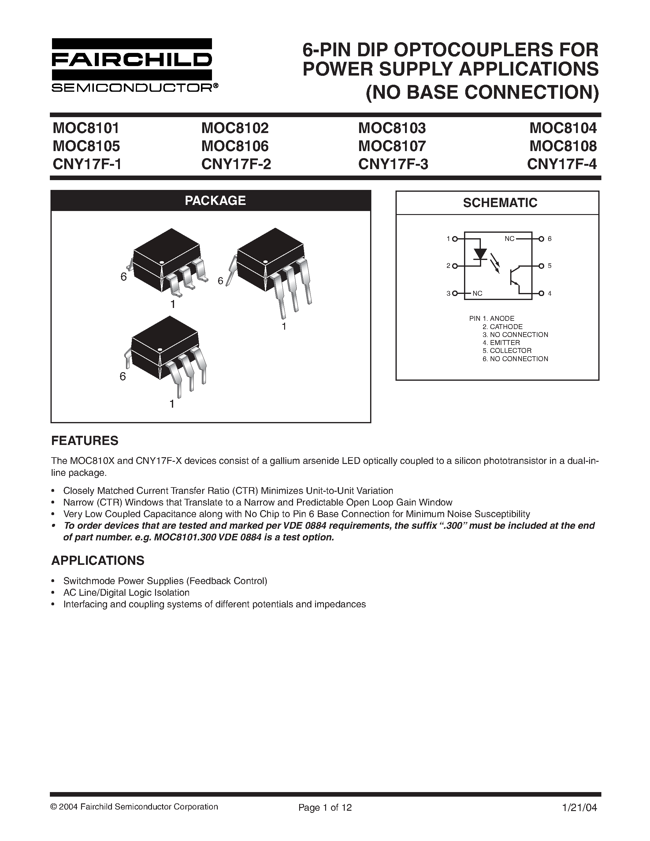 Datasheet CNY17F-1 - 6-PIN DIP OPTOCOUPLERS FOR POWER SUPPLY APPLICATIONS (NO BASE CONNECTION) page 1