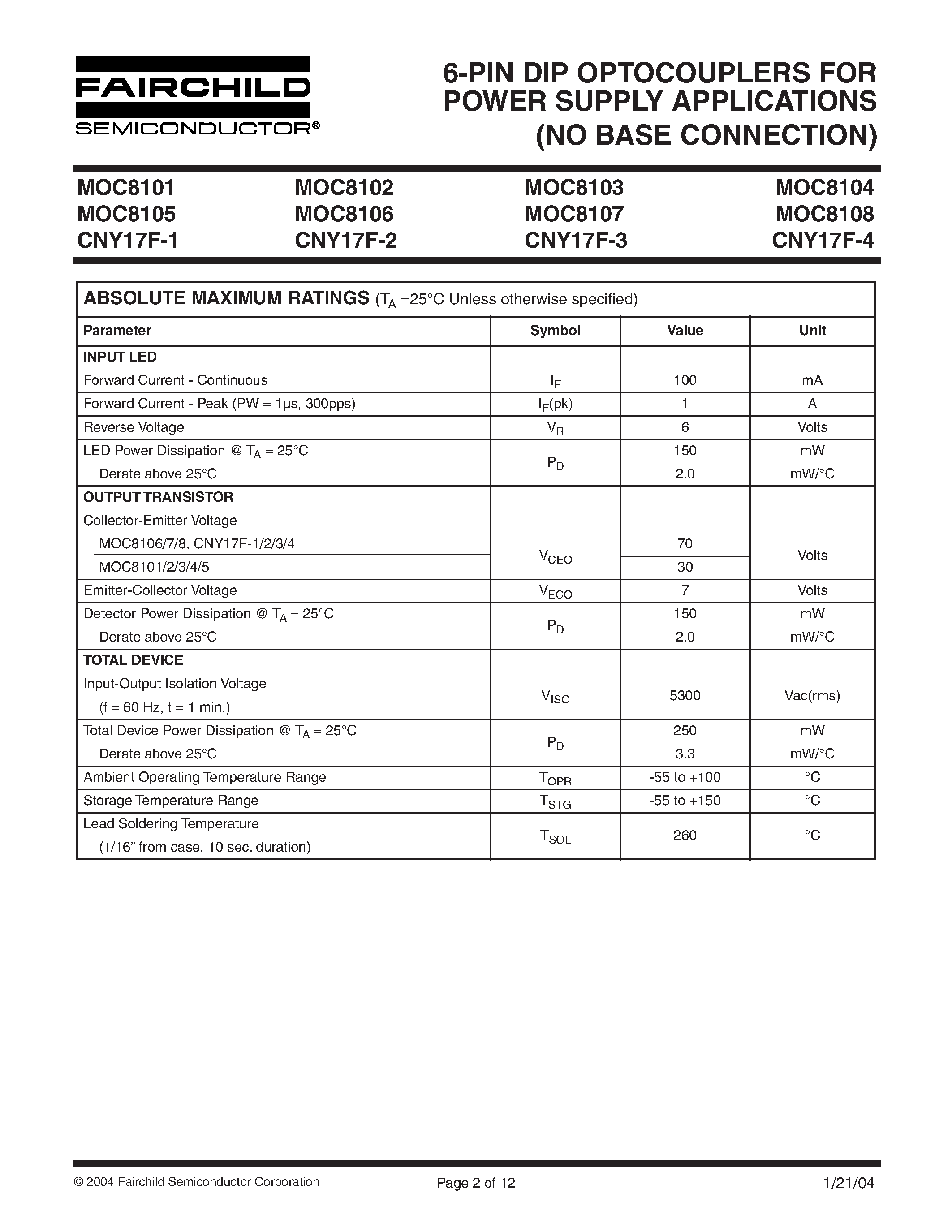 Datasheet CNY17F-1 - 6-PIN DIP OPTOCOUPLERS FOR POWER SUPPLY APPLICATIONS (NO BASE CONNECTION) page 2