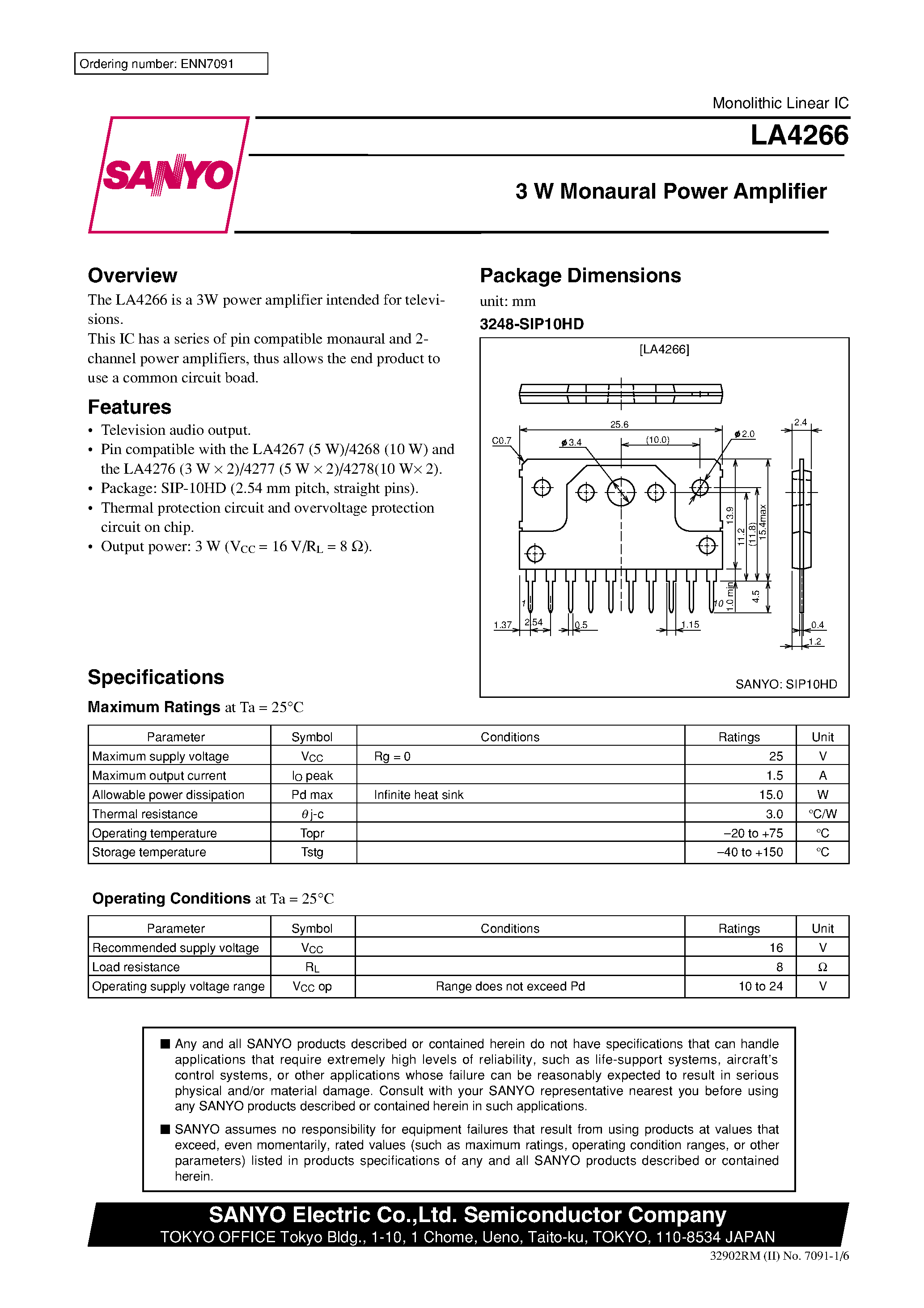 Datasheet LA4266 page 1 Datasheet LA4266 - 3 W Monaural Power Amplifier page 1