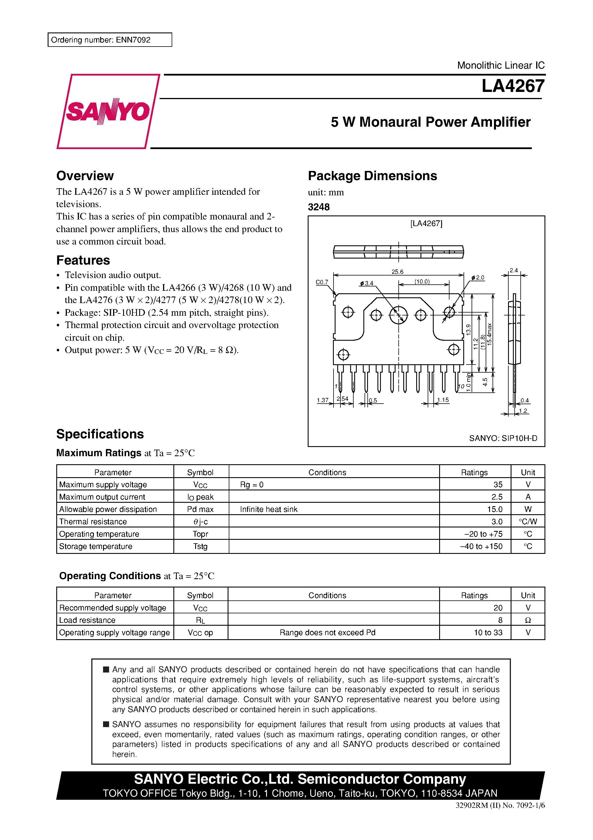 Datasheet LA4267 - 5 W Monaural Power Amplifier page 1