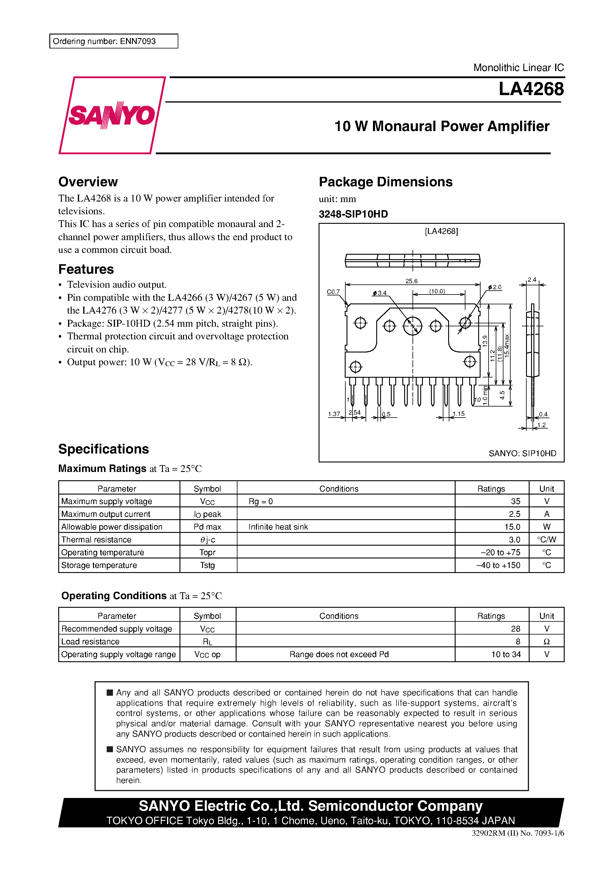 Datasheet LA4268 page 1 Datasheet LA4268 - 10 W Monaural Power Amplifier page 1