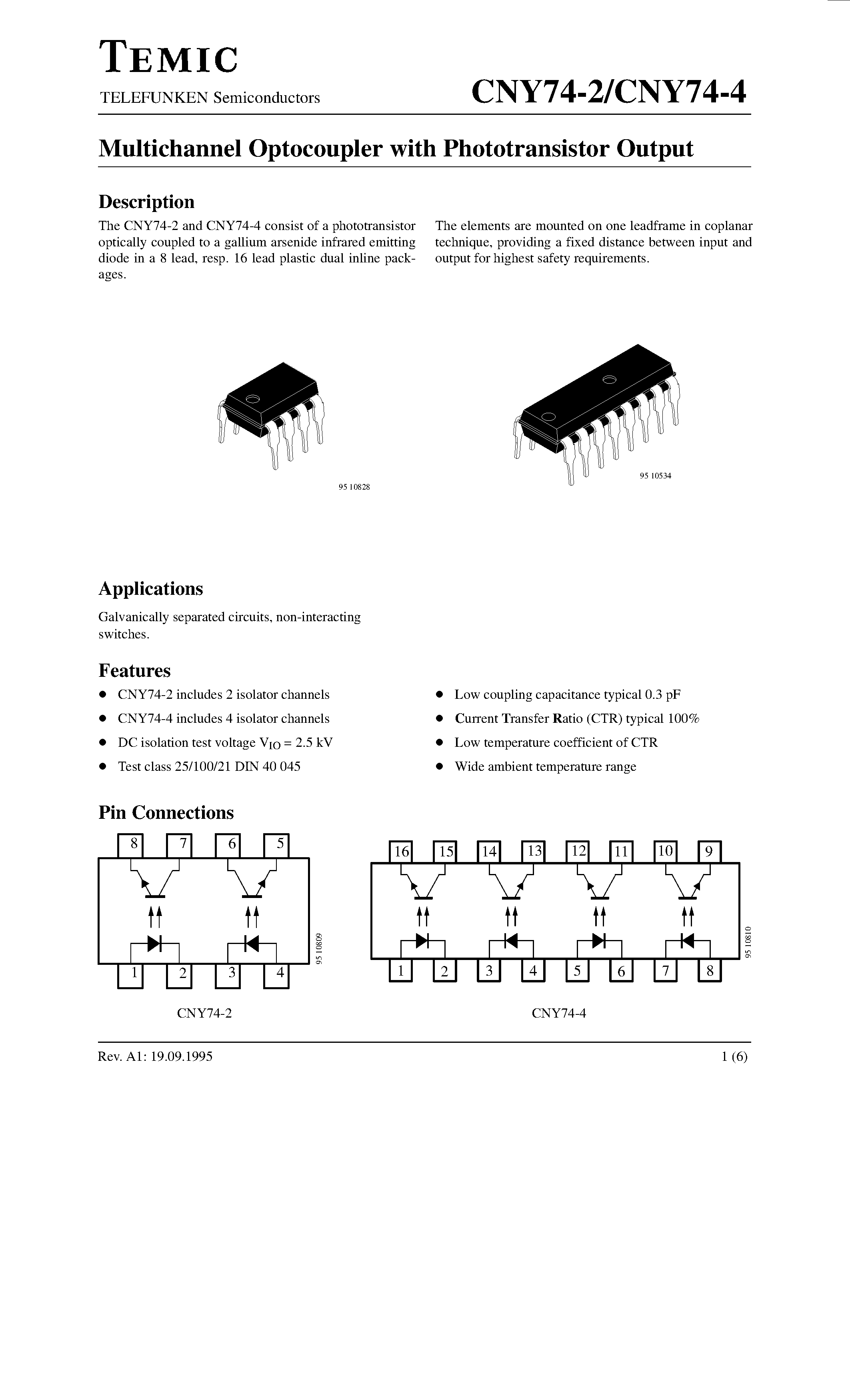 Datasheet CNY74-4 - Multichannel Optocoupler with Phototransistor Output page 1