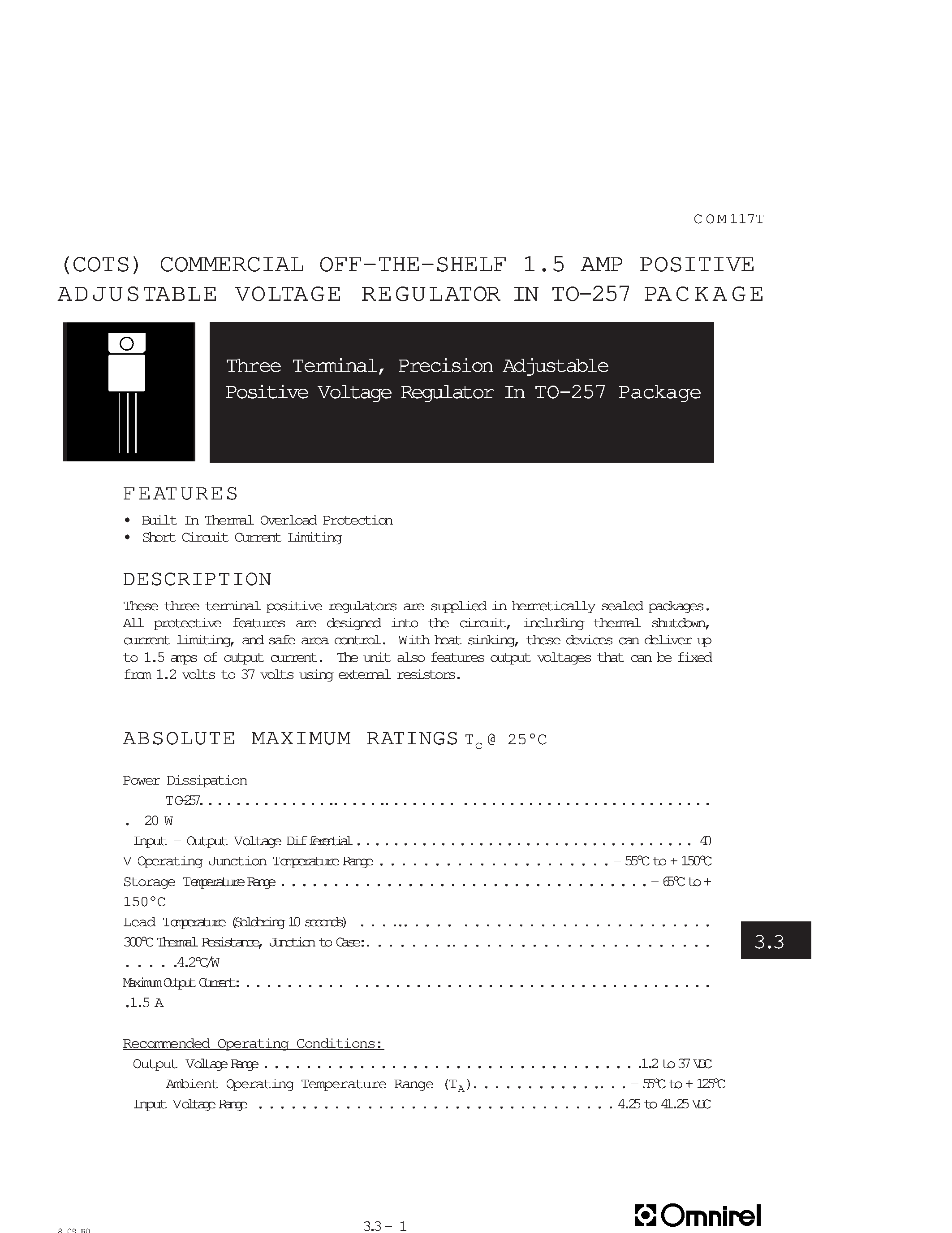 Datasheet COM117T - (COTS) COMMERCIAL OFF-THE-SHELF 1.5 AMP POSITIVE ADJUSTABLE VOLTAGE REGULATOR IN TO-257 PACKAGE page 1