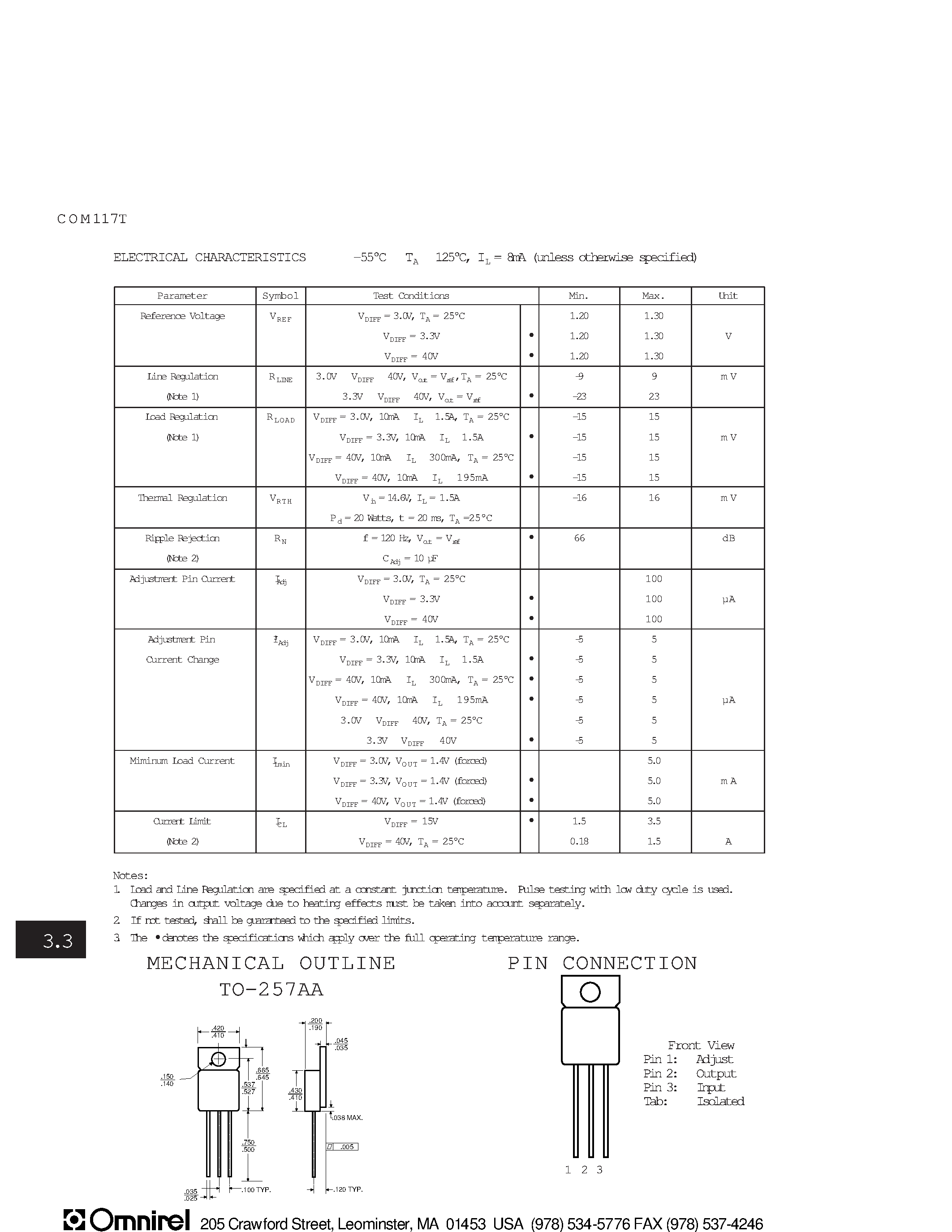Datasheet COM117T - (COTS) COMMERCIAL OFF-THE-SHELF 1.5 AMP POSITIVE ADJUSTABLE VOLTAGE REGULATOR IN TO-257 PACKAGE page 2