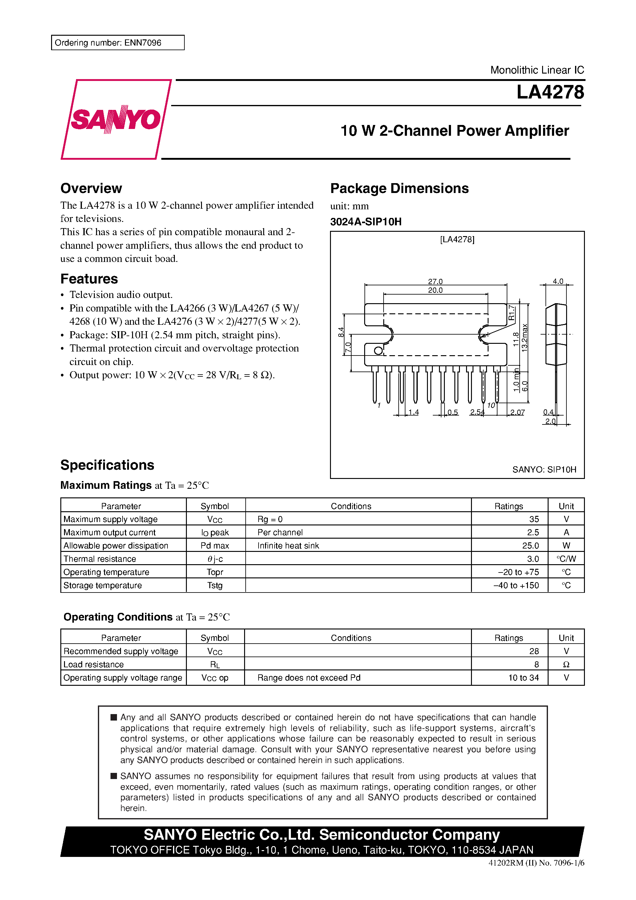 Datasheet LA4278 page 1 Datasheet LA4278 - 10 W 2-Channel Power Amplifier page 1