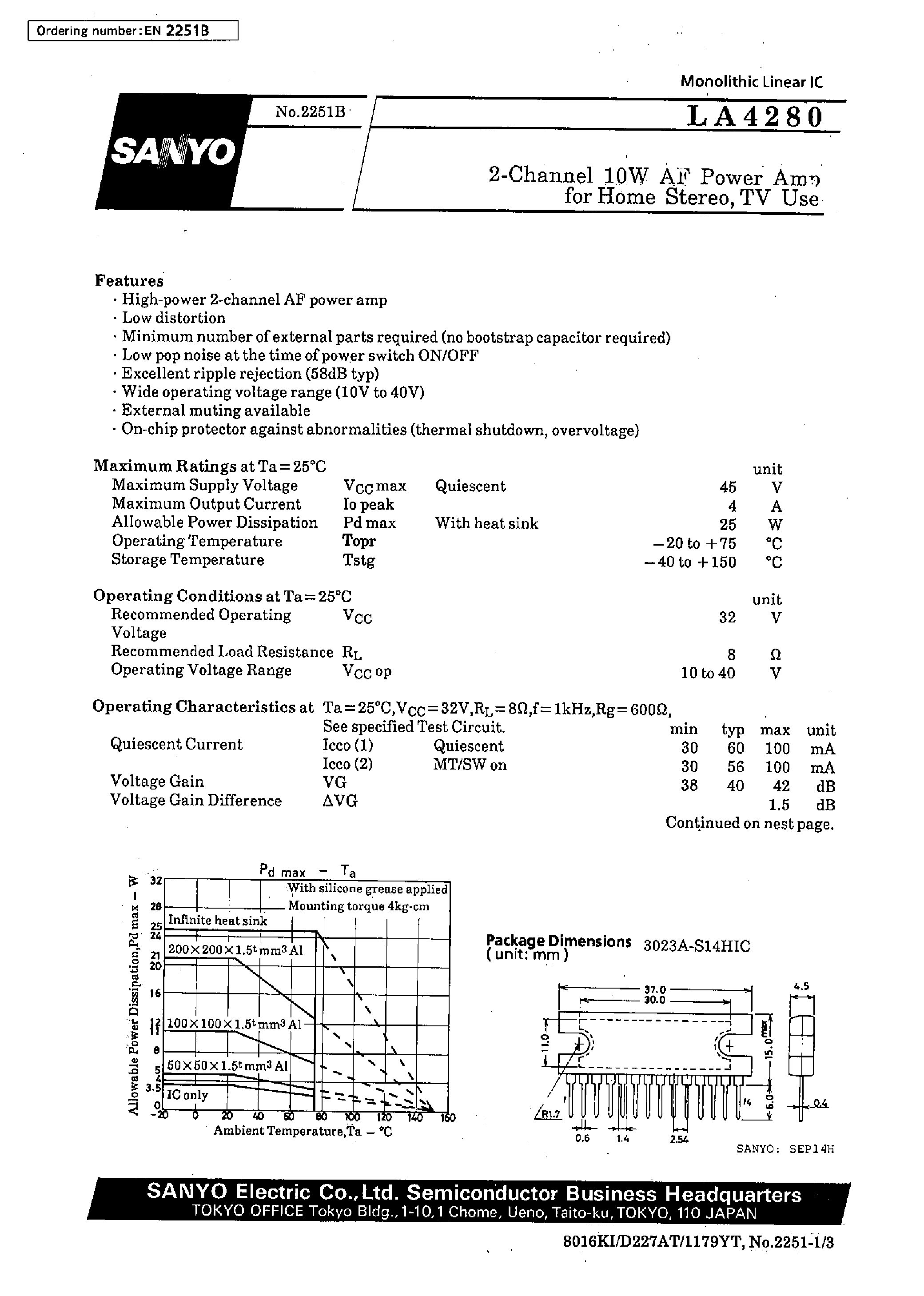 Даташит LA4280 - 2-Channel 10W AF Power Amp for Home Stereo/ TV Use страница 1