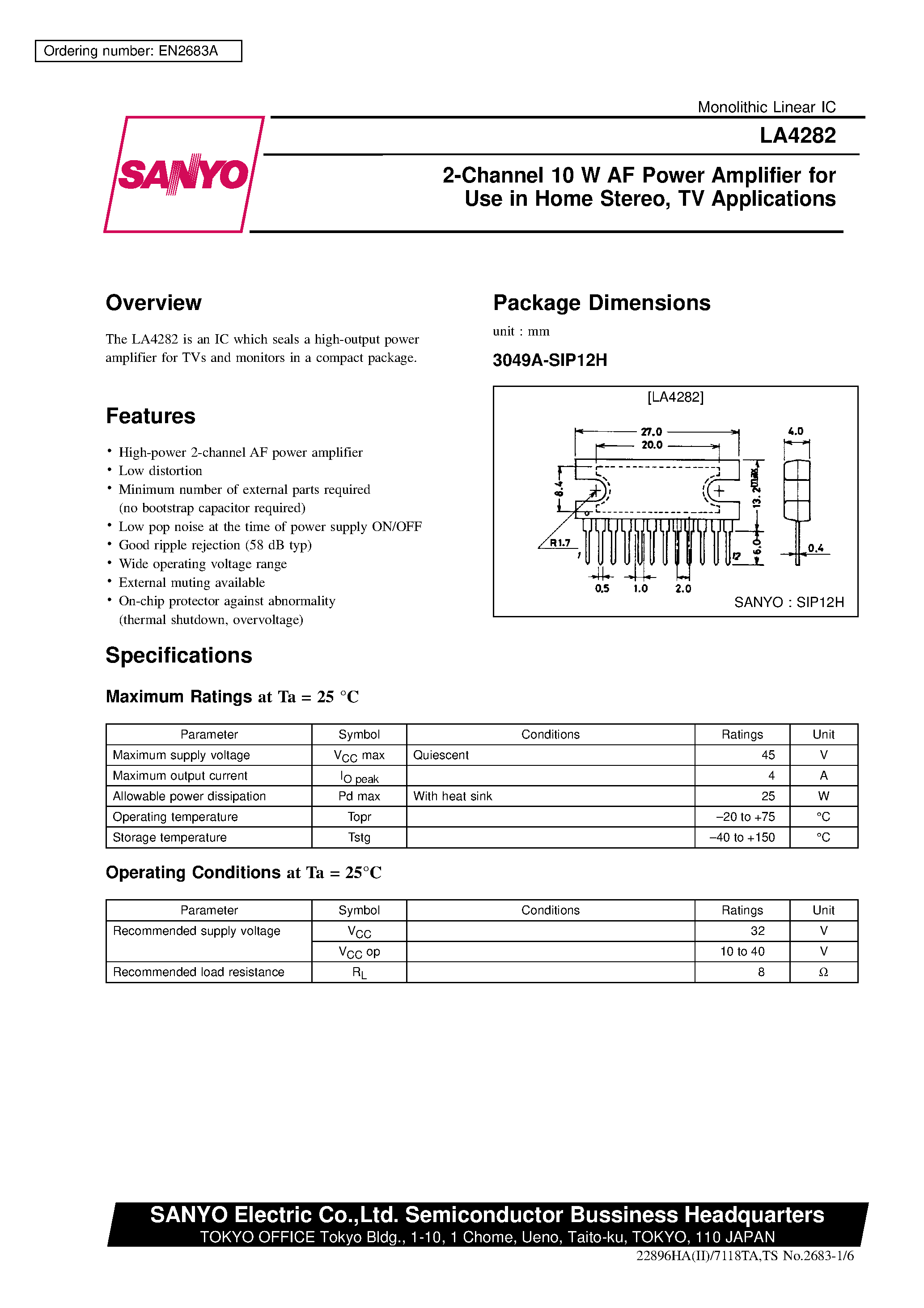 Datasheet LA4282 page 1 Datasheet LA4282 - 2-Channel 10 W AF Power Amplifier for Use in Home Stereo/ TV Applications page 1