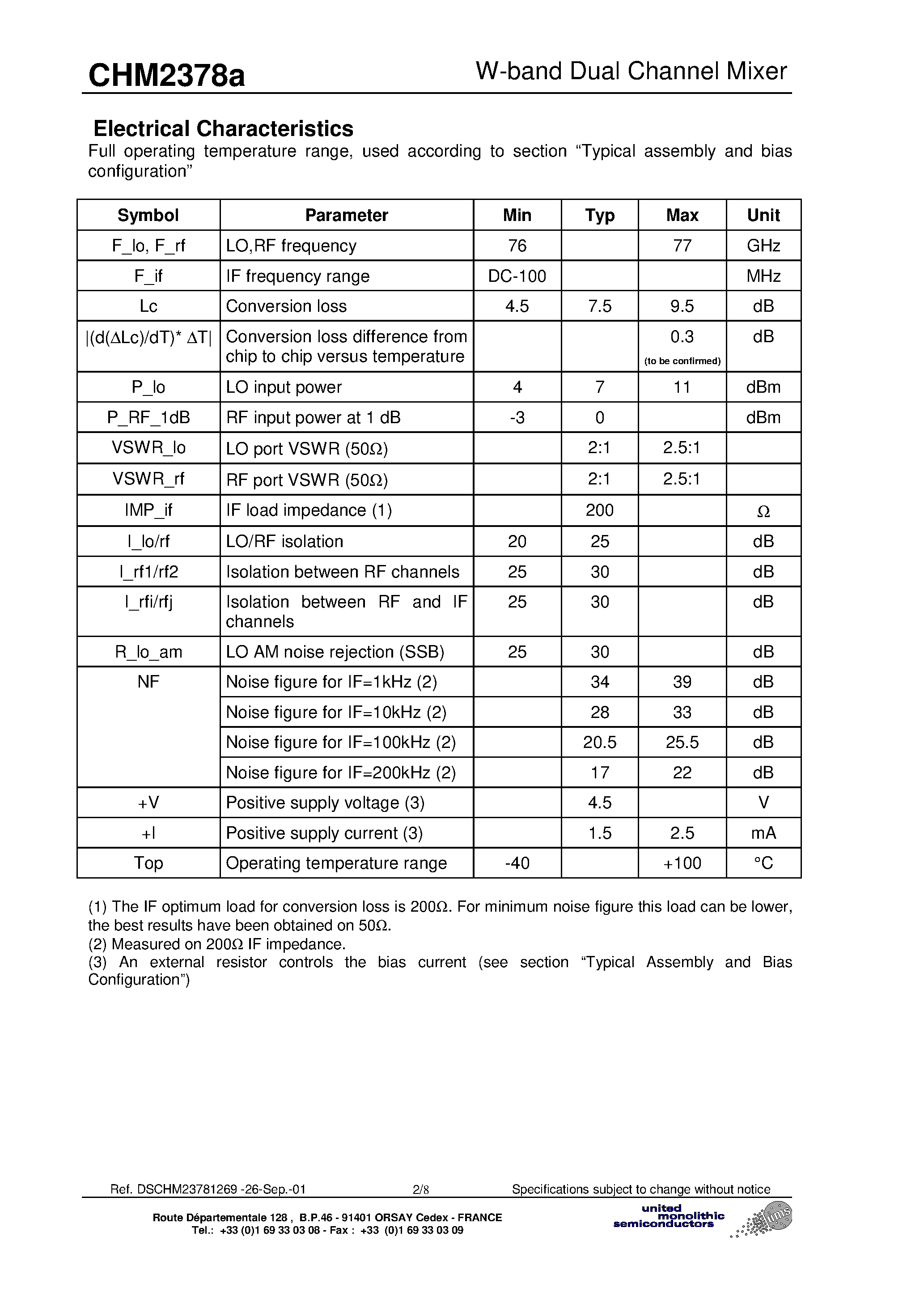 Datasheet CHM2378A - W-band Dual Channel Mixer page 2