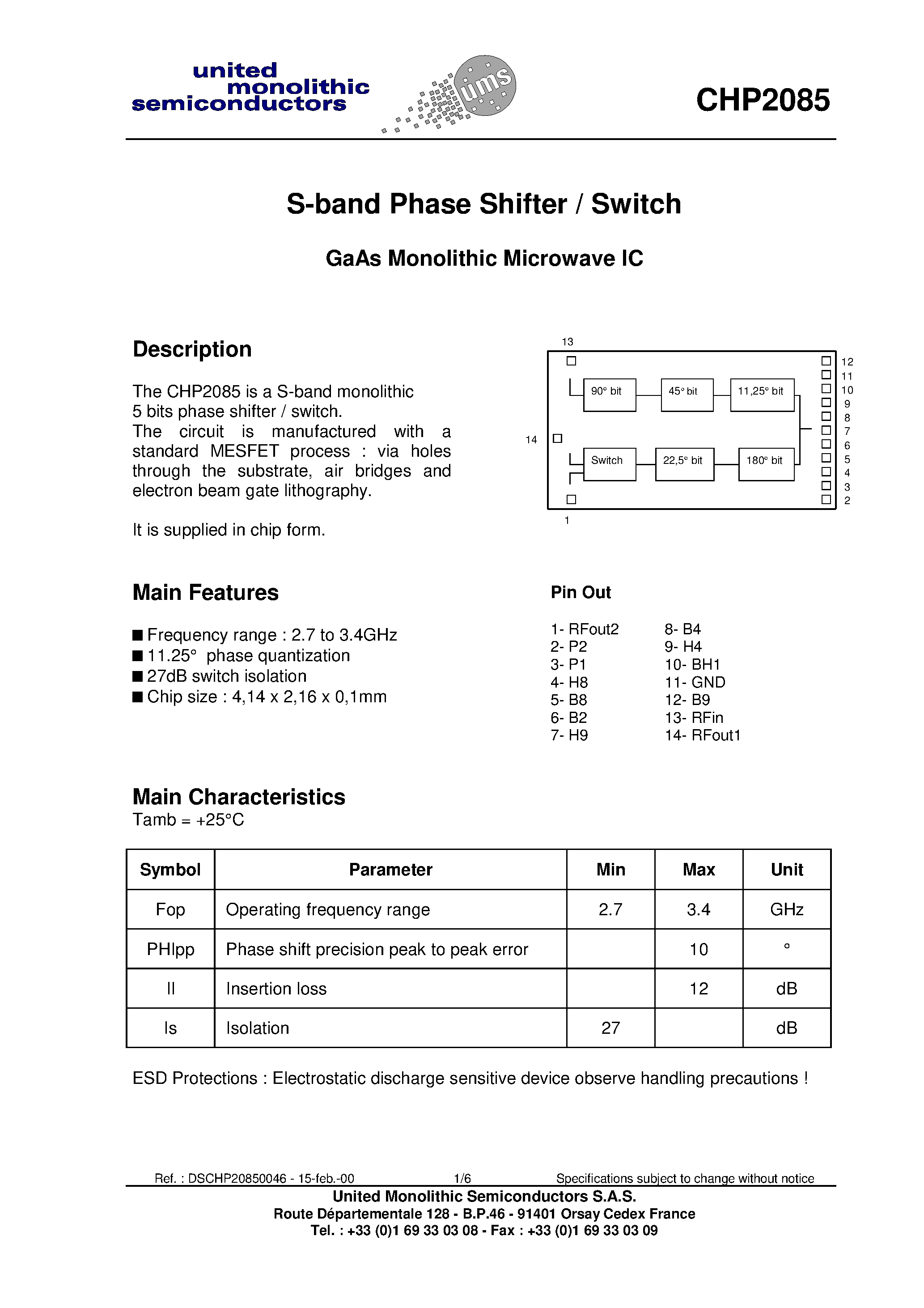 Datasheet CHP2085 - S-band Phase Shifter / Switch page 1